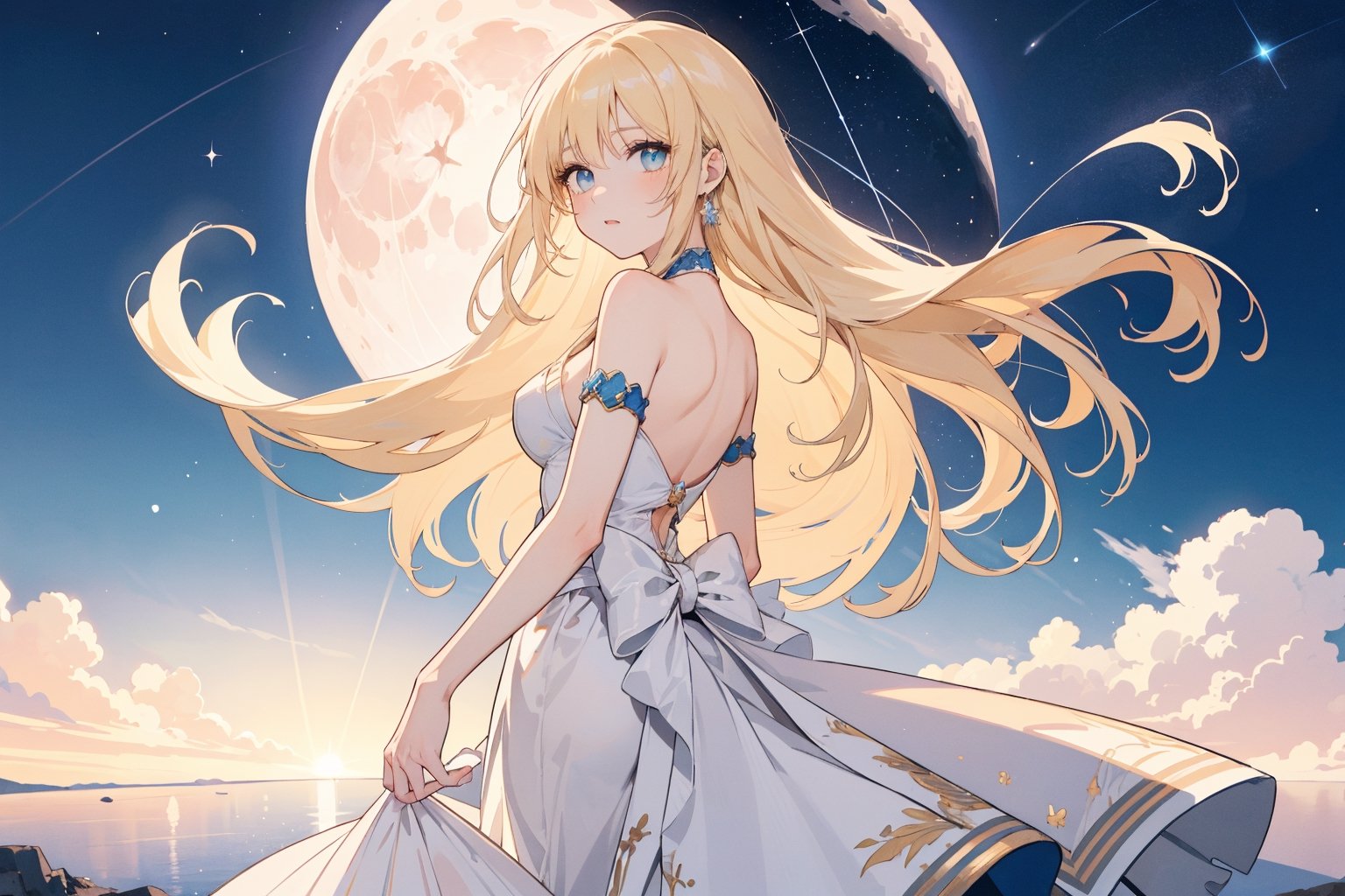 Craft a mesmerizing anime girl with long, flowing blonde hair cascading down her back like liquid sunshine. Her large, expressive cerulean eyes hold the secrets of a thousand worlds, with a faint hint of curiosity and wonder. She stands atop a moonlit cliff, her elegant gown billowing in the soft breeze, and one hand gracefully reaching out towards the starry night sky. In the backdrop, a celestial tapestry of constellations weaves a tale of timeless beauty, and a gentle glow from a distant crescent moon illuminates her delicate features. Capture this moment, where the mundane and the mystical converge, inviting viewers to lose themselves in her captivating aura.image should be 4k.,no_humans,mecha musume,midjourney
