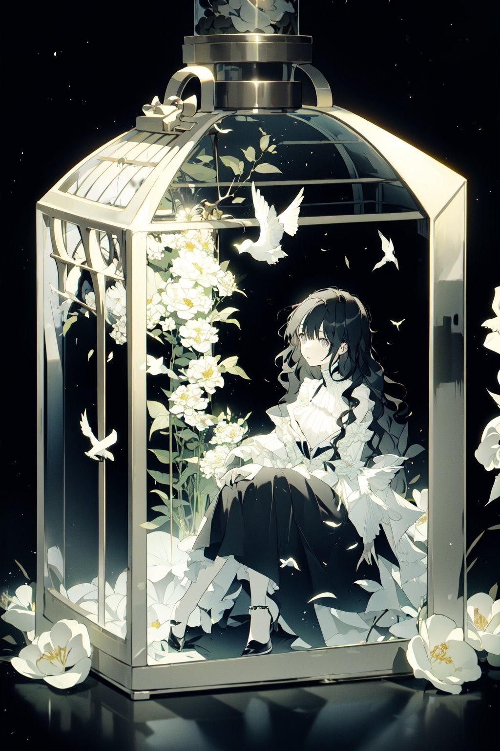 (1girl, black hair, gray eyes, small breasts, medium hair, wavy hair,) wide_shot, black background, fullbody,  white dress,JAR, inside bottle, glass,  flowers,  sitting, bird cage, trapped, 