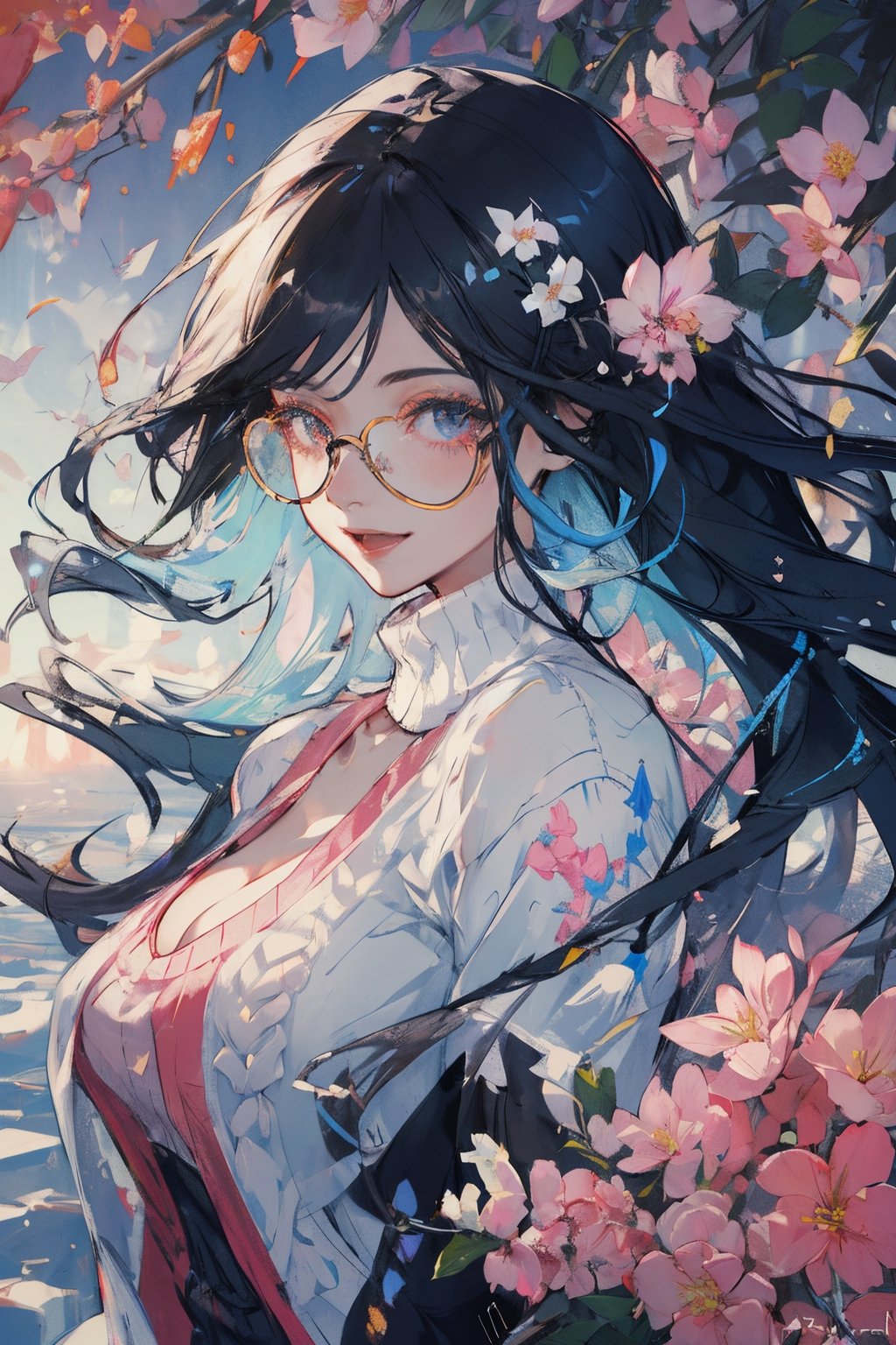 8k, (absurdres, highres, ultra detailed), (1lady:1.3), (((black hair))), (((long hair))), ultra resolution image, kawaii, mystery, aesthetic:1.2, colorful, dynamic angle, highest detailed face), big glasses, black rimmed glasses, happy smile, (wearing a pink oversized_sweater:1.2), cleavage,pleated skirt, sunset, fall colors, beautiful trees, nature, flowers, windy, hair flowing in the wind, sun shinning through hair, high contrast, (official art, extreme detailed, highest detailed, natural skin texture, hyperrealism, soft light, sharp, perfect face), golden dawn, :d, Big boobs1:3. (((Smoky makeup))), curvy, ,midjourney