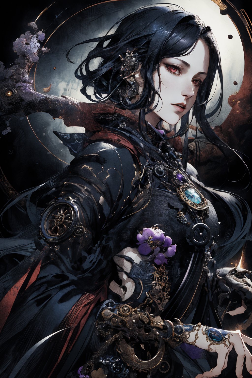 8k, (absurdres, highres, ultra detailed), (1lady), (the personification of gothic ghost), (Luis Royo), (Yoshitaka Amano), (dynamic angle, dynamic pose), (low angle, upper body), (steampunk background), amethyst, emerald, ruby, diamond