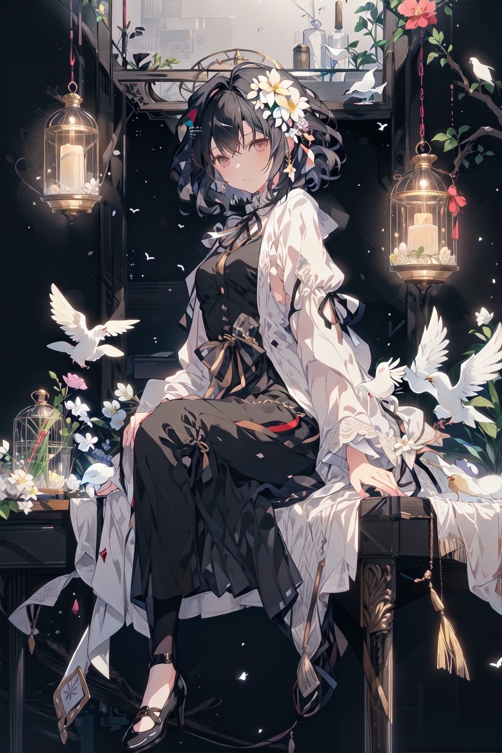 (1girl, black hair, gray eyes, small breasts, medium hair, wavy hair,) wide_shot, black background, fullbody,  white dress,JAR, inside bottle, glass,  flowers,  sitting, bird cage, trapped, 