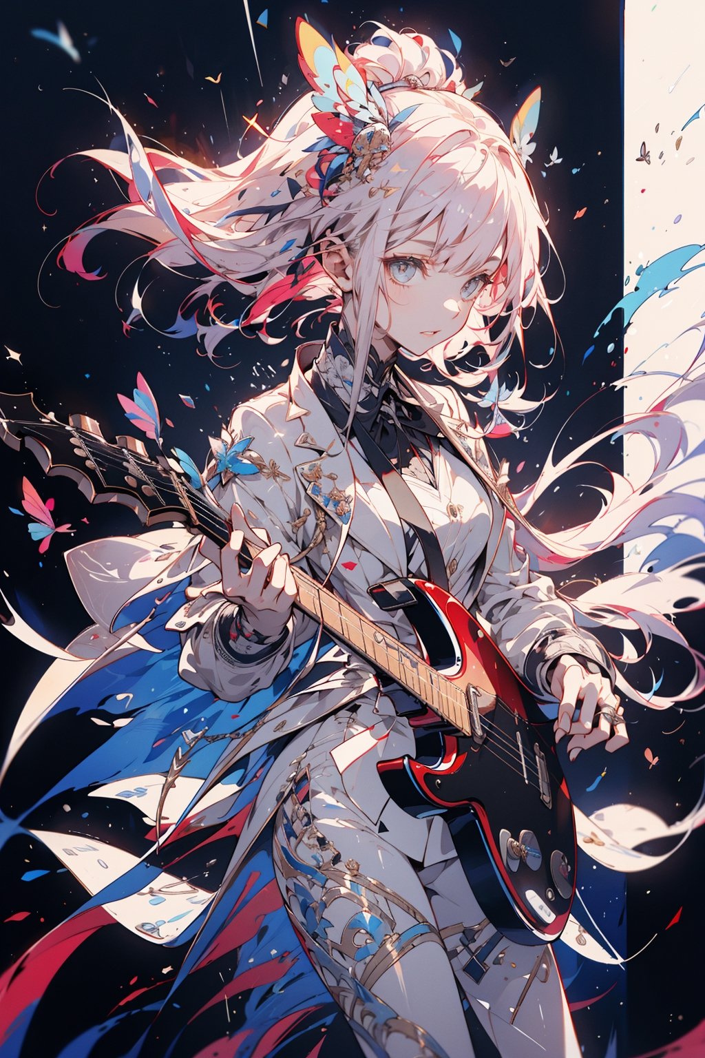 Masterpiece, ultra detailed, hyper high quality, quality beyond the limits of AI, the ultimate in wisdom, top of the line quality, 8K, 
1girl,  Girl in women's suits playing guitar.,JAR