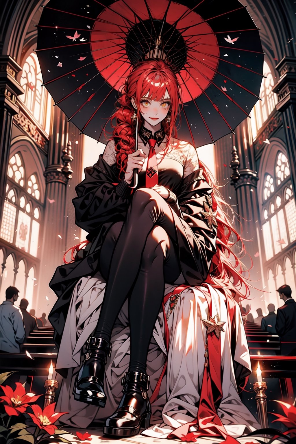 female,(masterpiece, best quality, ultra detailed, absurdres)1.5,1girl, in church, evil_smile,1girl, bangs, braid, braided ponytail, flower, long hair, looking at viewer, makima \(chainsaw man\), necktie,red hair, sky, solo, yellow eyes, umbrella, from below, full body, sitting, high waist pants
