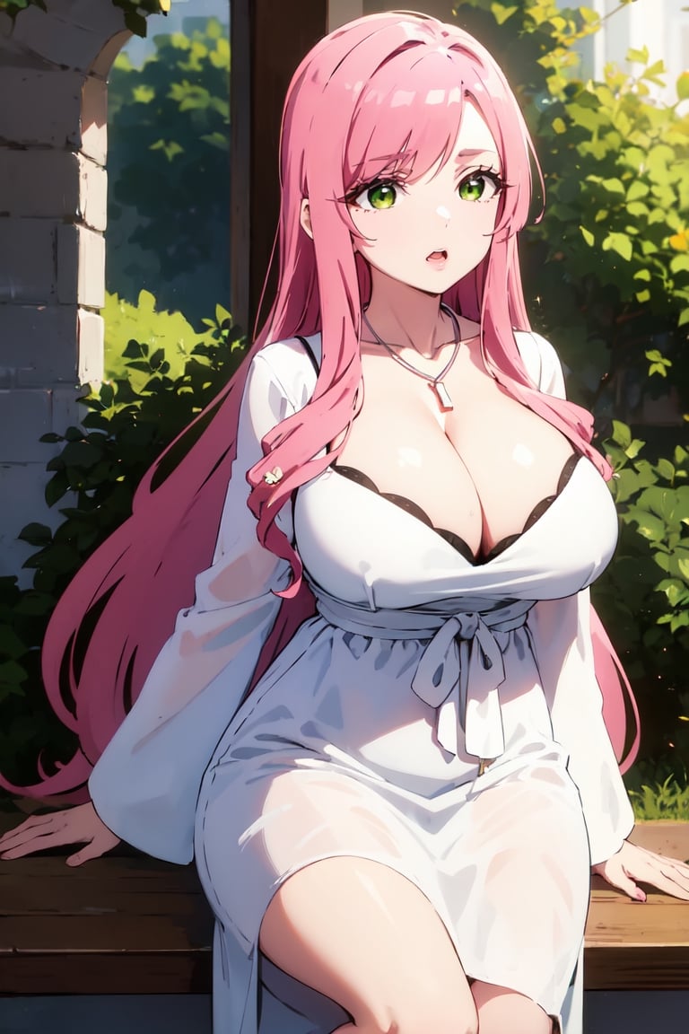 masterpiece, best quality, absurd, MILF,pink hair, extremely long hair, bangs,big breasts, green eyes,BREAK dress, cleavage, jewelry, necklace, white dress