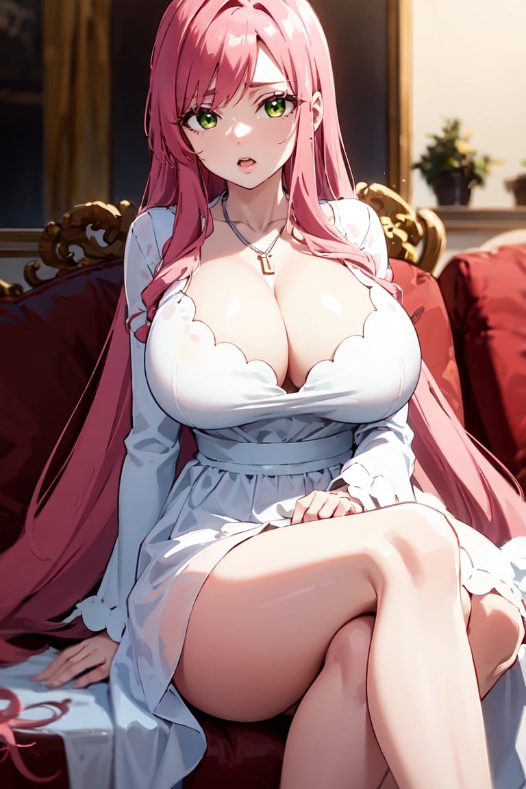 masterpiece, best quality, absurd, MILF,pink hair, extremely long hair, bangs,big breasts, green eyes,BREAK dress, cleavage, jewelry, necklace, white dress