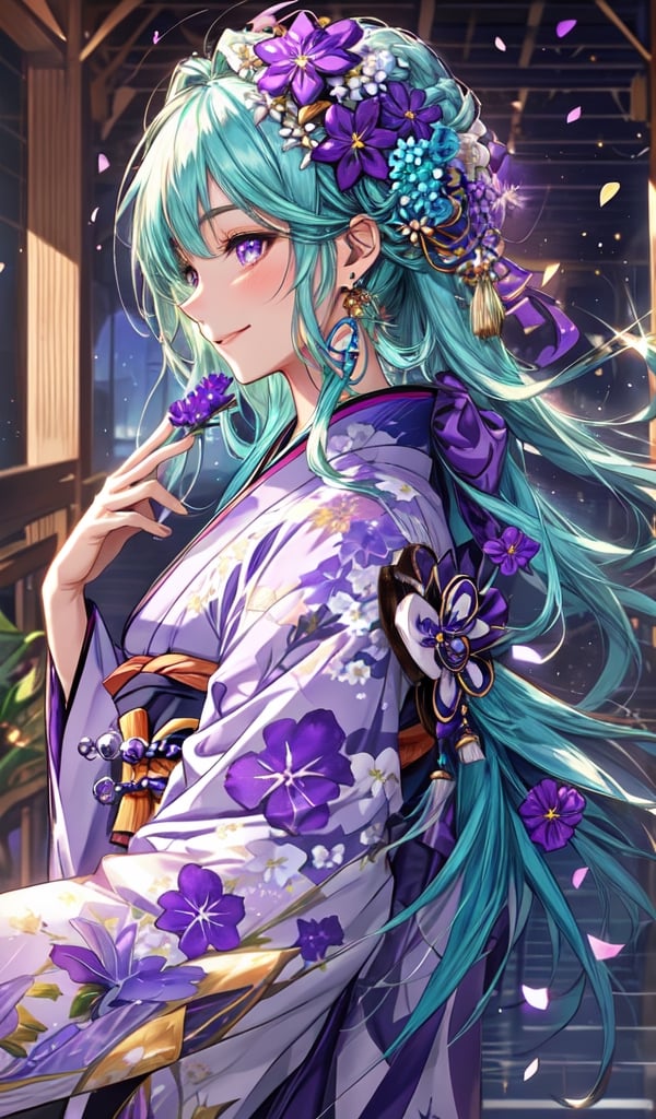 standing,teenage boy,handsome,full body, profile,light aqua_hair, long hair,smile,beautiful purple eyes,detail eyes,beautiful_face, one hand to own mouth,shushing,A hand holding a flower, detail hand,detail fingers,anime, purple traditional Japanese kimono,,bishonen,High detailed, shining_earrings,presenting foot,violet,petals floating in the wind,midjourney,sparkling,Narcissistic