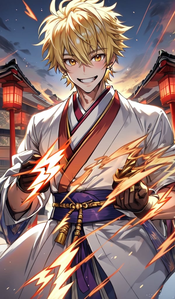 teenage boy, full body, electricity, bishounen, blonde_hair, radiant smile, sunny smile,fang,beautiful golden eyes,beautiful detailed eyes,beautiful_face, lightning elemental abilities, Thunder God's Gloves, anime, traditional Japanese kimono,fighting_stance, earrings, bishonen,High detailed, fighting_stance, earrings, lightning,midjourney,