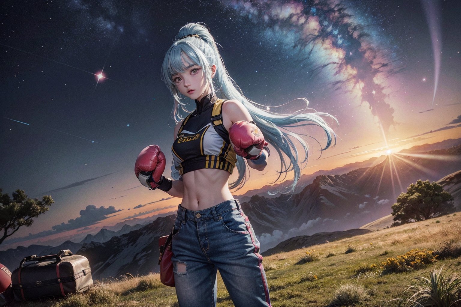 night.Under the starry sky, there is an open grassland. There is a big tree on the grassland. Under the tree, there is a girl called stella. Stella is long hair with ponytail.  Stella has light blue hair. Stella has pink bangs. Stella wears boxing gloves on her two hands. Stella punch the sandbag. Stella is boxing. Stella wears trousers.The scene zooms out. wide angle scene,EpicArt,