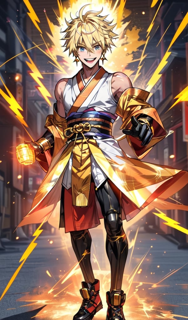 teenage boy, full body, electricity,lightning,  blonde_hair, radiant smile, sunny smile,fang,beautiful golden eyes,beautiful detailed eyes,beautiful_face, lightning elemental abilities,Thunder God's Gloves, anime, traditional Japanese kimono,fighting_stance,bishonen,High detailed, fighting_stance, black_earrings,midjourney,