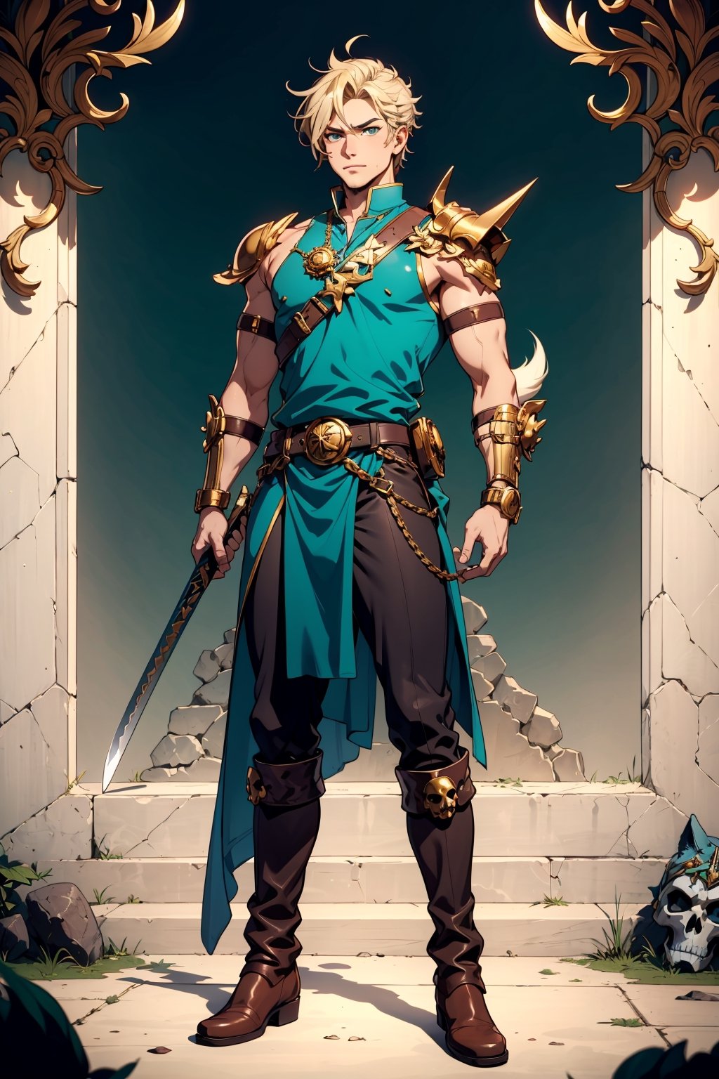 A wide angle full-length shot of Zepheus, Zepheus has a lean yet muscular warrior’s build, dirty blonde hair styled in a swept-back manner partially covering one piercing blue-green eye, His fair olive skin tone contrasts with his hair, Defined facial features like jawline and cheekbones, His outfit features a combat dark blue-green tunic with gold embellishments and intricate patterns, Greek-style leather greaves and vambraces have steampunk-esque accents, Earth-toned fantasy boots are accented in bronze and copper, a metal wolf skull pauldron over one shoulder adds a touch of fantasy, Red colored trim details throughout the ensemble tie the look together and symbolize Zepheus’ connection to underworld deities and realms, his design reflects his unique heritage and conflicting loyalties, masterpiece, high details, 4K, Zepheus, tunic, animal skull pauldron, vambraces, laural crown, holding sword