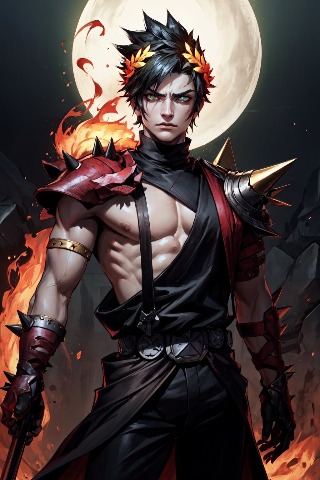 full-length shot of Zach, Zach has distant makou-green glowing eyes, set in a pale gray face surrounded by bright fiery spikes of black and blonde hair, He wears a burgandy chiton with a red and gold flame pattern, A single spiked pauldron asymmetrically guards his shoulder, His stern expression is guaranteed by the red studded leather band across his forehead, Zach wields Blazing Edge - a massive broadsword glowing with red runes and wreathed in flames, The sword reflects in Zach's brooding emotionless green eyes, Zach's posture and build has muscular stature combined with aloof stance - arms hanging nonchalantly at his sides but fists clenched tight, He gives off an intimidating yet indifferent aura, streaked hair, wide shot, masterpiece, high details, zagreus, Laurel crown, Single bare shoulders, Spiked hair, Greek clothes, Cloud, shoulder armor, sleeveless turtleneck, suspenders, belt, baggy pants, gloves, bracer, boots,