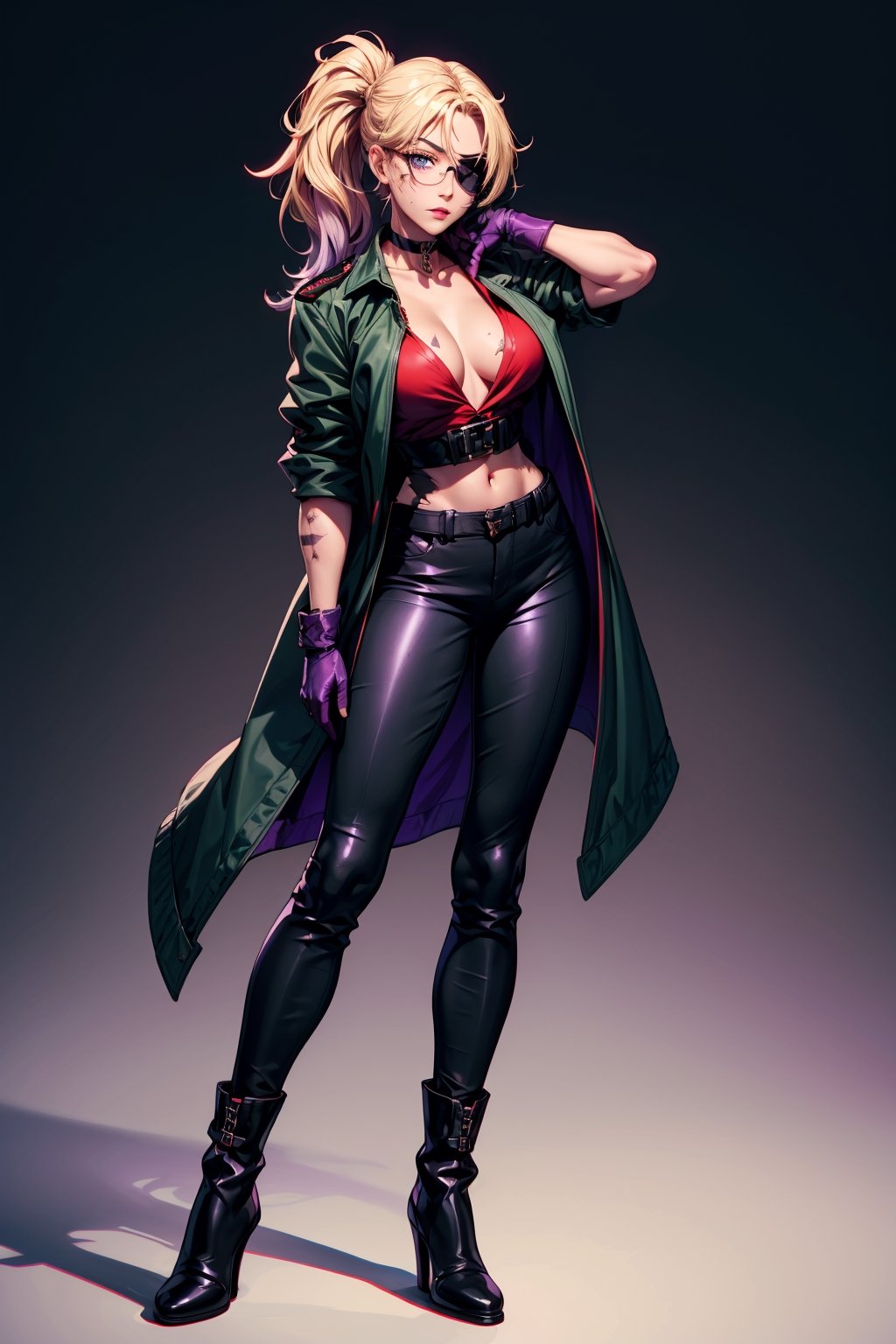 Sofina, 1girl, solo, strong pose,  (blonde and violet gradient hair:1.2), long ponytail, eyepatch, glasses, blue eyes, black choker, burn scars on face and chest, red blouse, green military jacket, black dress pants, stylish boots, fingerless gloves, masterpiece,  high quality, 4K
