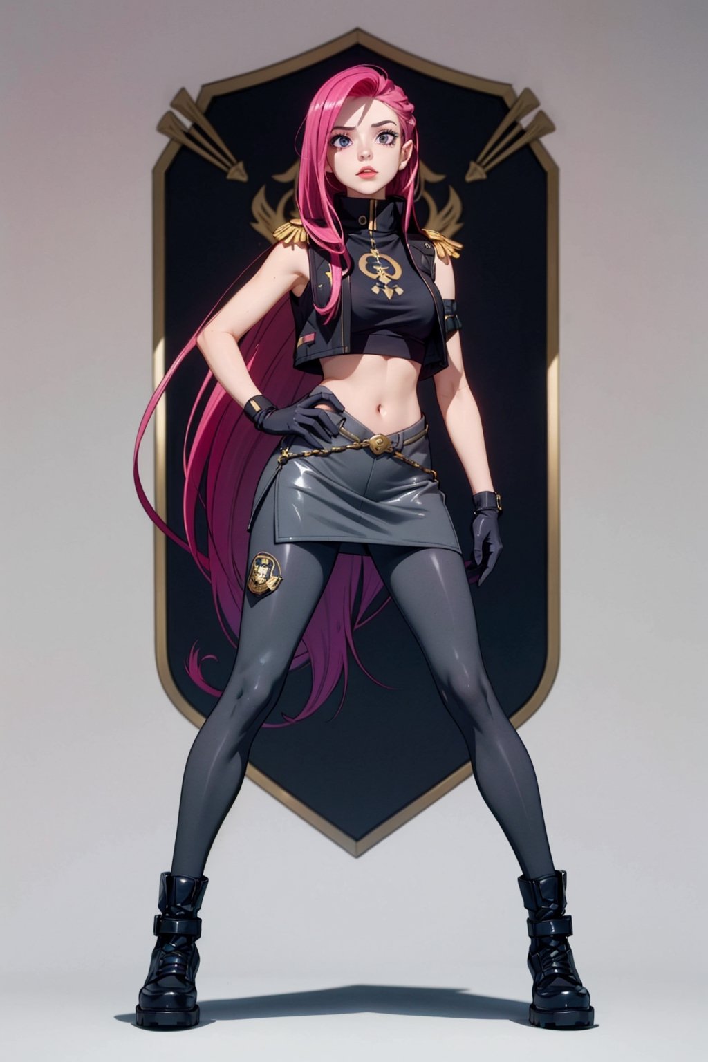 an accurate and detailed full-body shot of a young adult female character named Alyssa, sexy yet sinister aesthetic with military avant-garde accents, emphasizing curves and militaristic accents, (Long pink hair), a military hair-tie, (purple eye color), (seductive makeup), (fitted black cropped tank top), (a bold red "R" emblem on the chest:1.2), (gold military epaulettes on shoulders:1.2), (a sleek gray longline vest with a high funnel collar:1.2), metallic embroidery detailing, medium pencil skirt, (calf-length gray leggings with geometric patterns), long gray military gloves, (soft-knit wedge boots), masterpiece, high quality, 4K, jessie