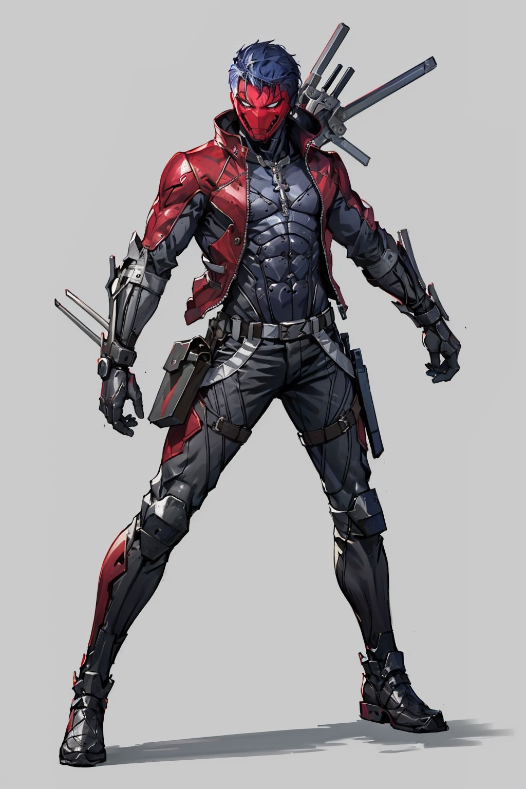 
an accurate and detailed full-body shot of a male superhero character named Wraith, tall and lean bulid, (Crimson half-mask:1.3), exposed cybernetic red eye, grafted cybernetic jawline, (Spiky white fringe hair:1.2), (choppy black undercut hairstyle:1.3), (Skintight black ninja-tech suit with crimson energized circuitry:1.1), (electric blue biker jacket:1.1), asymmetric collar, rolled sleeves, Gunmetal armor plates on shoulders, chest emblem, (Fitted burgundy leather moto-pants), (blue-gray armorized cargo panels), Knee guards, armored greaves, black combat boots, cyberized gunmetal strike gauntlet, Holsters, sheaths, tech-utility pouches, holding an obsidian high-frequency katana, masterpiece, high quality, 4K, raidenmgr, nero, rhdc, a man, red helment, brown leather jacket, gray skintight suit, gloves, belt, boots,red helmet