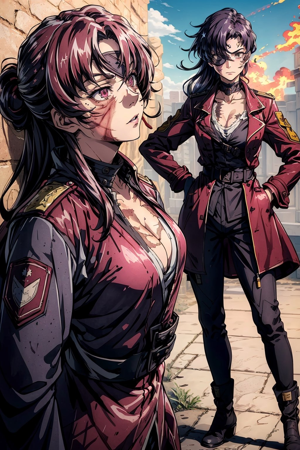 an accurate and detailed full-body shot of a female character named Minia, leader pose, Tall,  athletic and toned,  stern expression, light-purple hair, Long ponytail,  messy bangs hairstyle,  blue-violet eye color,  eyepatch,  ((burn Scars on her neck and chest and right side of the face:1.3)),  Long,  painted pink nails,  (black blouse:1.3),  ((wine-colored military coat:1.4)),  (black Military trousers:1.2),  black boots,  masterpiece,  high quality,  4K,  balalaika,  long hair,  combat boots,  minene uryuu,  (eyepatch),