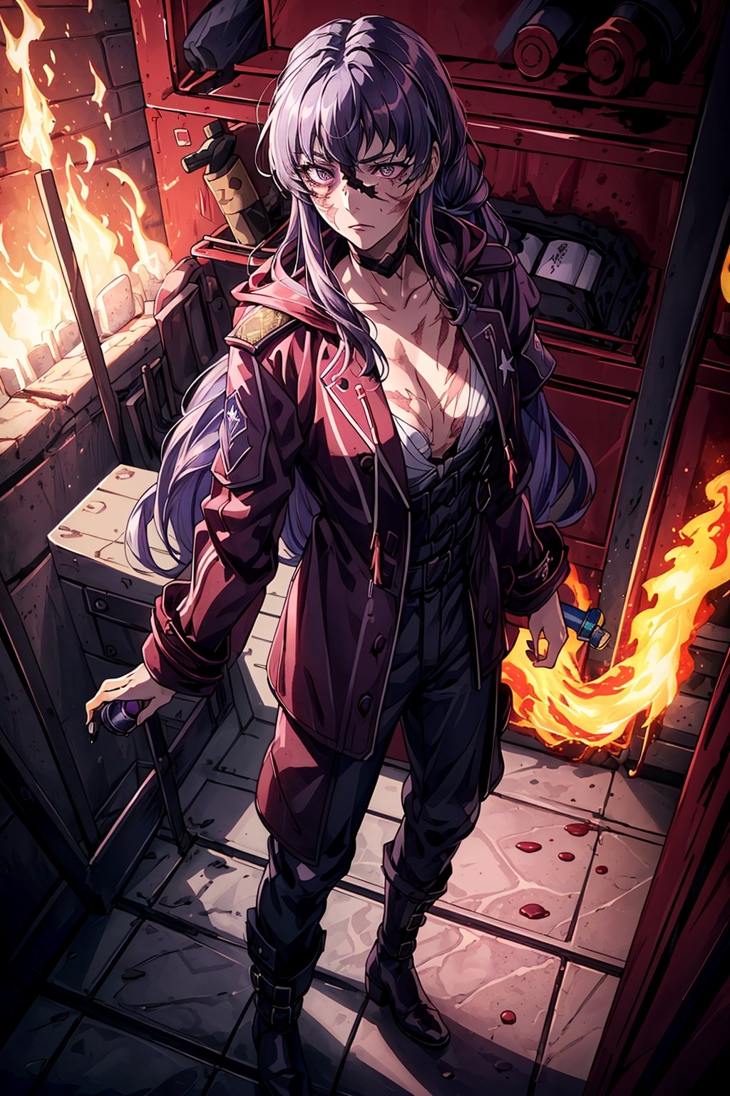 an accurate and detailed full-body shot of a female character named Minia, leader pose, Tall,  athletic and toned,  stern expression, light-purple hair, Long ponytail,  messy bangs hairstyle,  blue-violet eye color,  eyepatch,  ((burn Scars on her neck and chest and right side of the face:1.3)),  Long,  painted pink nails,  (black blouse:1.3),  ((wine-colored military coat:1.4)),  (black Military trousers:1.2),  black boots,  masterpiece,  high quality,  4K,  balalaika,  long hair,  combat boots,  minene uryuu,  (eyepatch),