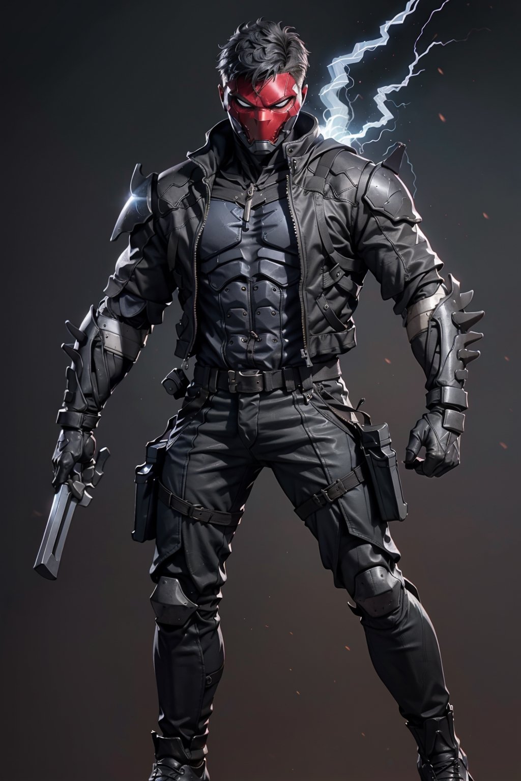 
an accurate and detailed full-body shot of a male superhero character named Wraith, tall and lean bulid, (Crimson half-mask), exposed cybernetic red eye, grafted cybernetic jawline, (Spiky white fringe hair), (choppy black undercut hair), Skintight black ninja-tech suit with crimson energized circuitry, (electric blue biker jacket), asymmetric collar, rolled sleeves, Gunmetal armor plates on shoulders, chest emblem, (Fitted burgundy leather moto-pants), (blue-gray armorized cargo panels), Knee guards, armored greaves, black combat boots, cyberized gunmetal strike gauntlet, Holsters, sheaths, tech-utility pouches, holding an obsidian high-frequency katana, masterpiece, high quality, 4K, raidenmgr, nero, rhdc, a man, red helment, brown leather jacket, gray skintight suit, gloves, belt, boots