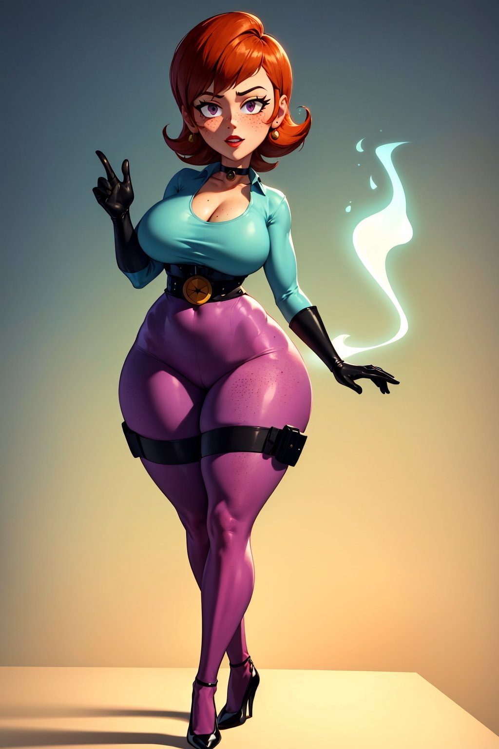 an accurate and detailed full-body shot of Lori, Bright slightly curled red hair, Auburn colored retro-waves for hair with fiery-red streaks, Doe-eyes with long lashes and fair complexion, (vibrant violet eyes with warmth and determination), freckles on her cheeks, soft lips, slender hourglass body, Round bust and shapely legs, muscular yet feminine, curvy butt and wide hips, ((magenta-purple skintight bodysuit with teal and green trim highlights)), neck choker, high open collar, science logo on the chest, (black utility belt with ghost-hunting gadgets), nightvision goggles on head, black gloves with yellow highlights, black heeled-pumps, masterpiece, high quality, 4K, Madeline Fenton (Danny Phantom), dextersmom, gloves, jewelry, helenparr, dextersmom,dextersmom