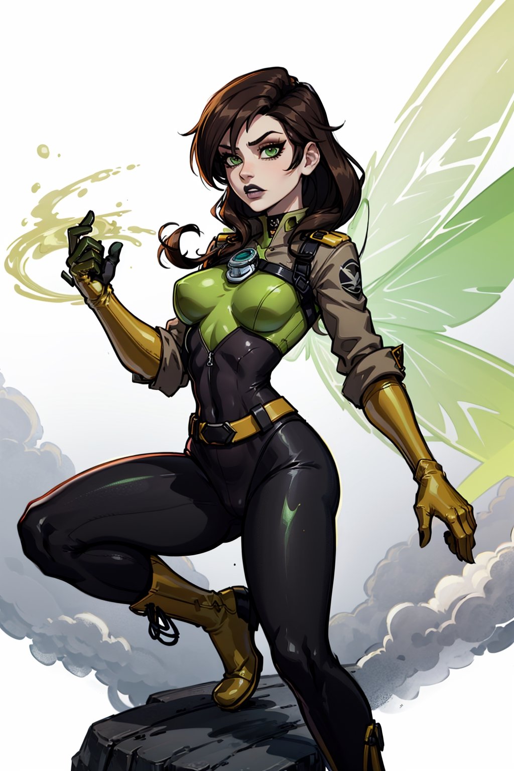 an accurate and detailed full-body shot of a female character named Sheva, Petite, athletic, curvaceous, Pale and pearlescent skin, expressive lips with black lipstick, (Medium length Dark brown hair), asymmetrical and spiky bangs hairstyle, her eyes are Sharp and confident with dark green iris and gold highlights, Green and Yellow Flightsuit with orange trim, black corset, (black and orange leggings), the word 'PULSE' printed on the leggings, (Yellow and black athletic combat boots with white trim), (White chronal accelerator harness attached to the chest), (Two orange-green insect-wings), (White gauntlet gloves), prominent circular belt buckle, Green goggles on top of her head, 4K, masterpiece, high quality, tracer_overwatch, goggles, chest harness, bomber jacket, bodysuit, sh1, green eyes, gloves, multicolored bodysuit, makeup, wasp