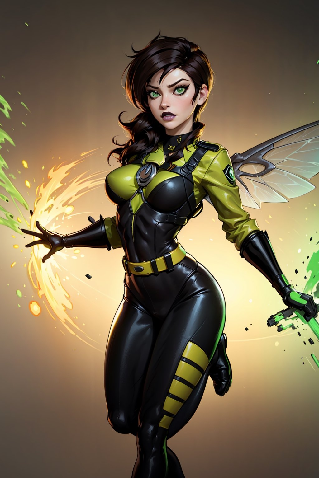 a realistic and detailed full-body shot of a female character named Sheva, Petite, athletic, curvaceous, Pale and pearlescent skin, expressive lips with black lipstick, Medium length Dark brown hair, asymmetrical and spiky bangs hairstyle, her eyes are Sharp and confident with dark green iris and gold highlights, Green and Yellow Flightsuit with orange trim, black corset, black leggings with orange trim, the word 'PULSE' printed on the leggings, Yellow and black athletic combat boots with white trim, White chronal accelerator harness attached to the chest, orange and green insect-wings, White gauntlet Wrist stingers, prominent circular belt buckle, Green goggles on her head, 4K, 4K, masterpiece, high quality, 4K, ,tracer_overwatch, goggles, chest harness, bomber jacket, bodysuit, sh1, green eyes, gloves, multicolored bodysuit, makeup, wasp,sh1