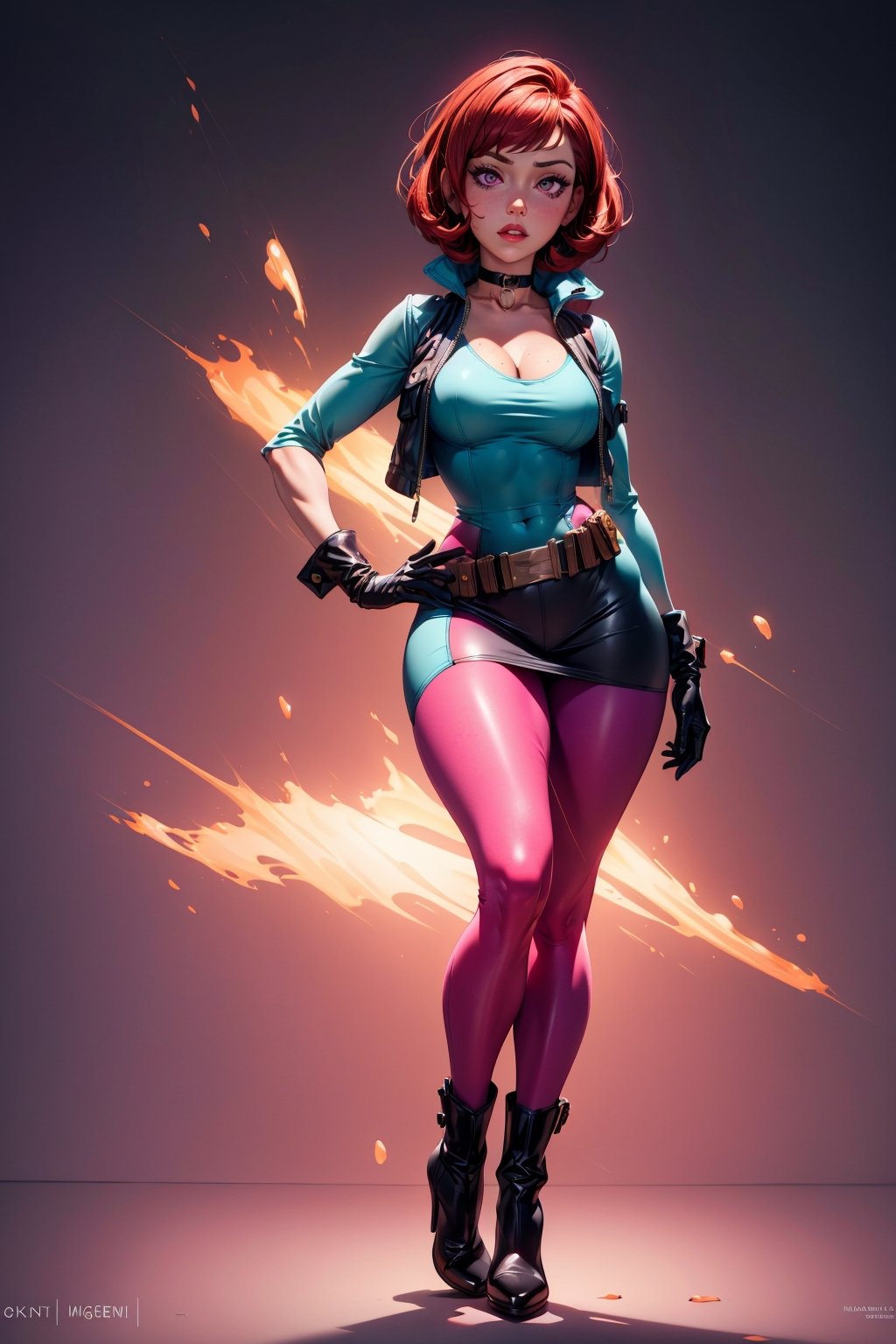 an accurate and detailed full-body shot of Lori, masterpiece, high quality, 4K, coiffed wavy bob hairstyle, red hair, violet eyes, choker, (magenta skintight bodysuit), teal open vest, mini skirt, utility belt, gloves, high-heeled boots,