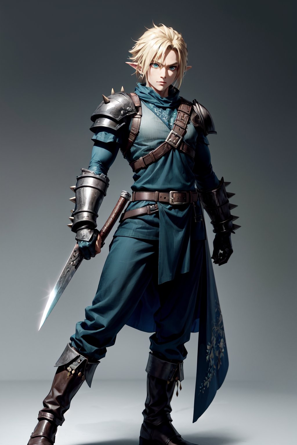 wide full-length shot, action pose, Cole has dirty blonde hair styled with some spikes neat but defiant, His eyes glow blue-green, one eye brighter than the other to show some ancient magic within, He wears a dark green tunic lined with silver plates like an armored SOLDIER uniform, The tunic extends to his knees for ease of movement, Underneath is a black undershirt with one sleeve missing to allow greater shoulder movement, He wears a pauldron on his other shoulder, He wears tough leather gauntlets on both hands and arms, Cole wields a single-edged broadsword reminiscent of the Buster Sword but lighter and engraved with Hylian runes along its fuller, At his waist hangs gadgets like bombs, and a hookshot, His boots appear made for both forest treks and urban missions, Cole's personality echoes his heroic determinations tempered by dark burdens, masterpiece, high quality, 4K, Cloud, ootLink, holding_swor