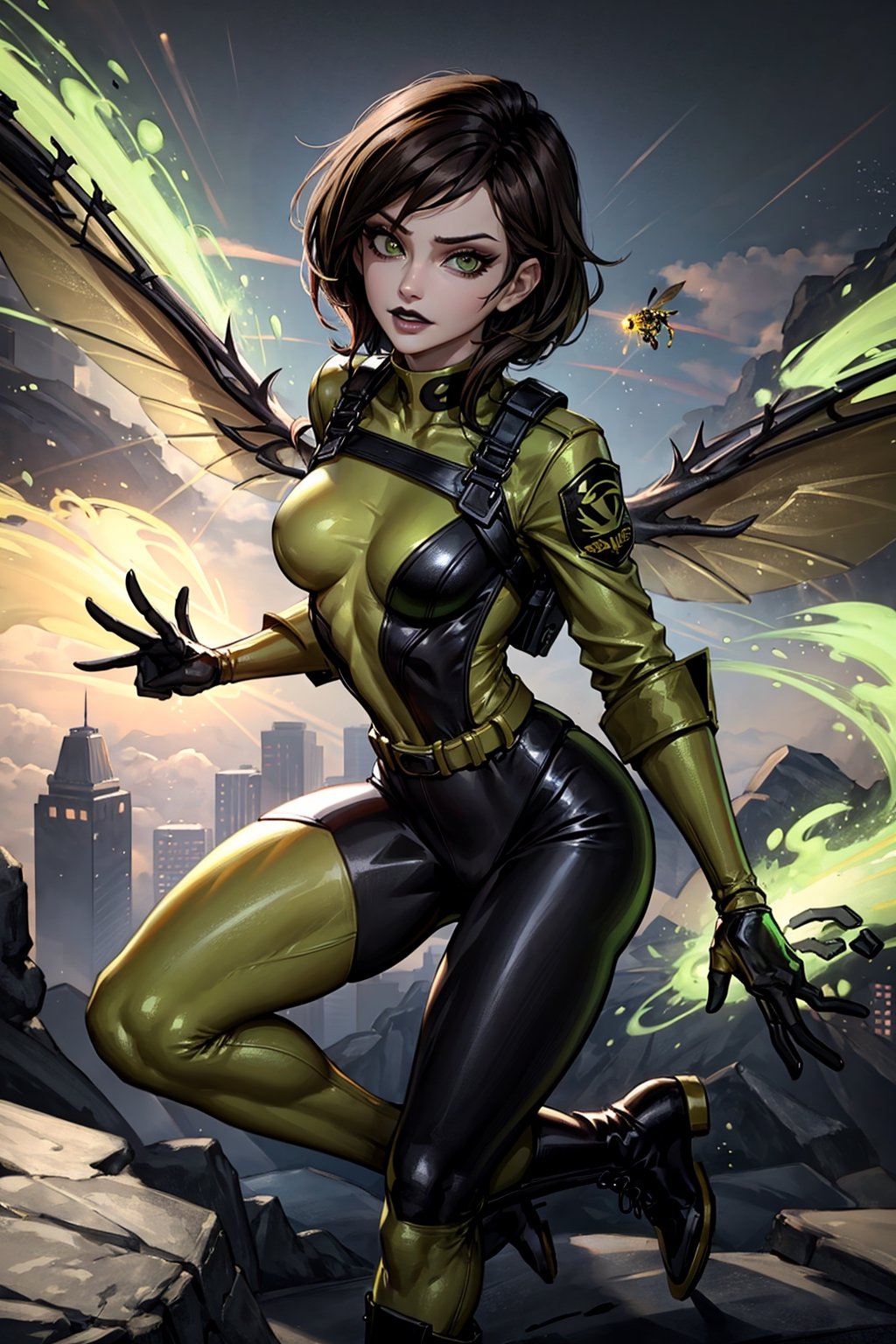 a realistic and detailed full-body shot of a female character named Sheva, Petite, athletic, curvaceous, Pale and pearlescent skin, expressive lips with black lipstick, (Medium length Dark brown hair), asymmetrical and spiky bangs hairstyle, her eyes are Sharp and confident with dark green iris and gold highlights, Green and Yellow Flightsuit with orange trim, black corset, (black and orange leggings), the word 'PULSE' printed on the leggings, (Yellow and black athletic combat boots with white trim), White chronal accelerator harness attached to the chest, (Two orange-green insect-wings), (White gauntlet gloves), prominent circular belt buckle, Green goggles on top of her head, 4K, masterpiece, high quality, tracer_overwatch, goggles, chest harness, bomber jacket, bodysuit, sh1, green eyes, gloves, multicolored bodysuit, makeup, wasp,