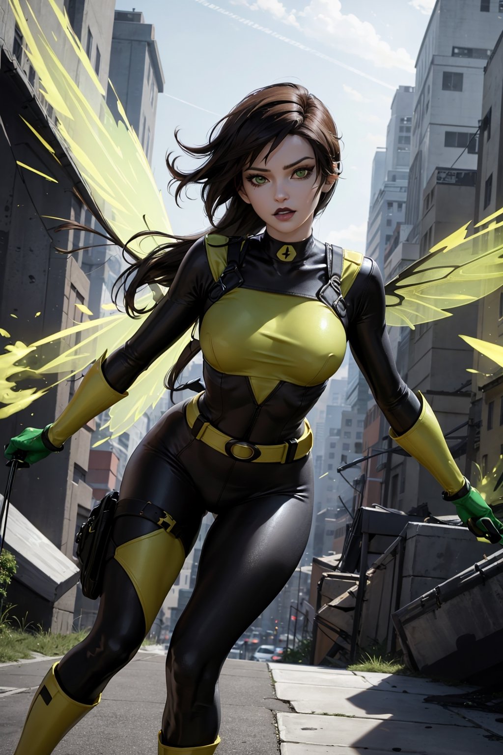 a realistic and detailed full-body shot of a female character named Sheva, Petite, athletic, curvaceous, Pale and pearlescent skin, expressive lips with black lipstick, (Medium length Dark brown hair), asymmetrical and spiky bangs hairstyle, her eyes are Sharp and confident with dark green iris and gold highlights, Green and Yellow Flightsuit with orange trim, black corset, (black and orange leggings), the word 'PULSE' printed on the leggings, (Yellow and black athletic combat boots with white trim), White chronal accelerator harness attached to the chest, (Two orange-green insect-wings), (White gauntlet gloves), prominent circular belt buckle, Green goggles on top of her head, 4K, masterpiece, high quality, tracer_overwatch, goggles, chest harness, bomber jacket, bodysuit, sh1, green eyes, gloves, multicolored bodysuit, makeup, wasp,