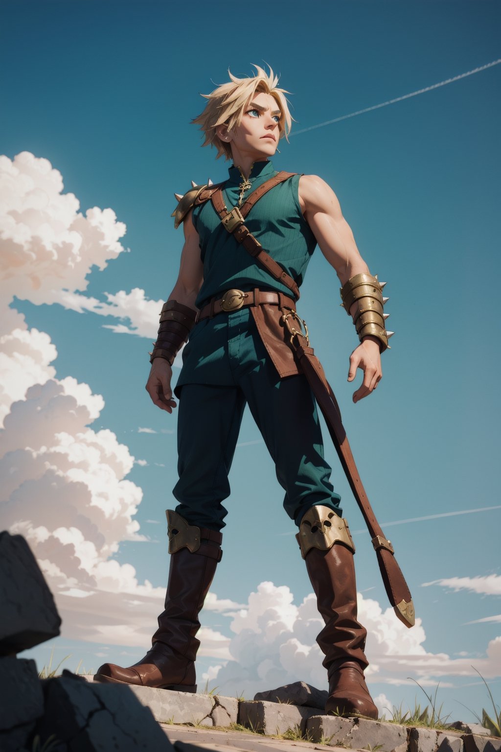 A wide angle full-length shot of Zepheus, Zepheus has a lean yet muscular warrior’s build, dirty blonde hair styled in a swept-back manner partially covering one piercing blue-green eye, His fair olive skin tone contrasts with his hair, Defined facial features like jawline and cheekbones, His outfit features a combat dark blue-green tunic with gold embellishments and intricate patterns, Greek-style leather greaves and vambraces have steampunk-esque accents, Earth-toned fantasy boots are accented in bronze and copper, a metal wolf skull pauldron over one shoulder adds a touch of fantasy, Red colored trim details throughout the ensemble tie the look together and symbolize Zepheus’ connection to underworld deities and realms, his design reflects his unique heritage and conflicting loyalties, 4K, masterpiece, high details, 4K, zagreus, Laurel crown, Single bare shoulders, Spiked hair, Greek clothes, ootLink, Cloud,Cloud,CDGear