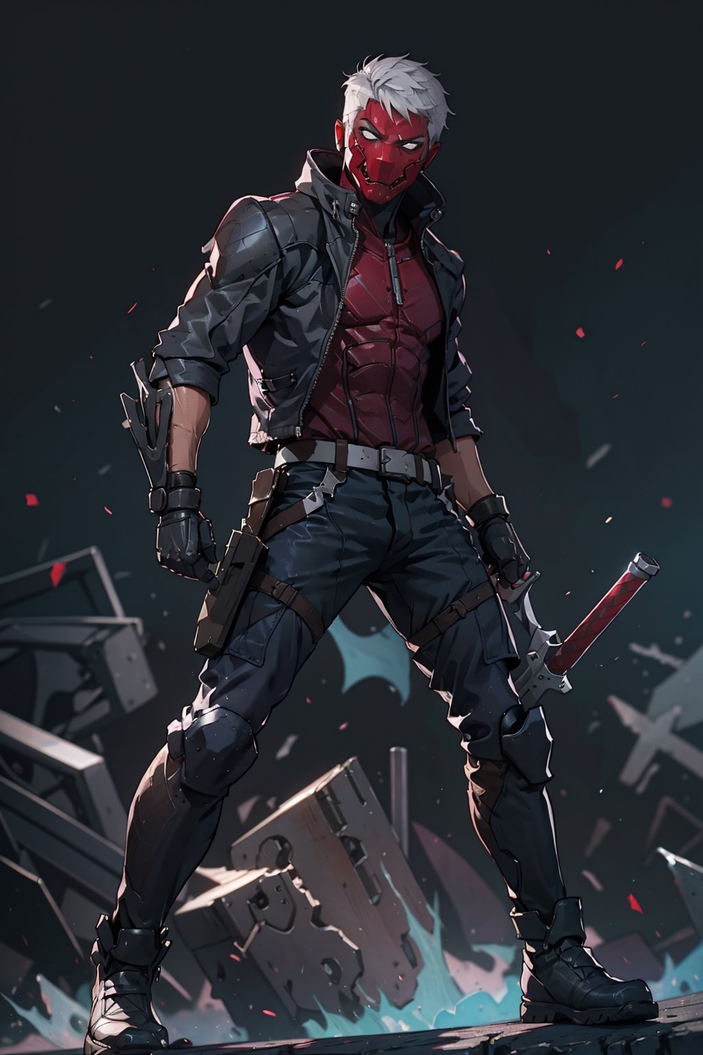 
an accurate and detailed full-body shot of a male superhero character named Wraith, tall and lean bulid, (Crimson half-mask), exposed cybernetic red eye, grafted cybernetic jawline, (Spiky white fringe hair), (choppy black undercut hair), Skintight black ninja-tech suit with crimson energized circuitry, (electric blue biker jacket), asymmetric collar, rolled sleeves, Gunmetal armor plates on shoulders, chest emblem, (Fitted burgundy leather moto-pants), (blue-gray armorized cargo panels), Knee guards, armored greaves, black combat boots, cyberized gunmetal strike gauntlet, Holsters, sheaths, tech-utility pouches, holding an obsidian high-frequency katana, masterpiece, high quality, 4K, raidenmgr, nero, rhdc, a man, red helment, brown leather jacket, gray skintight suit, gloves, belt, boots,red helmet