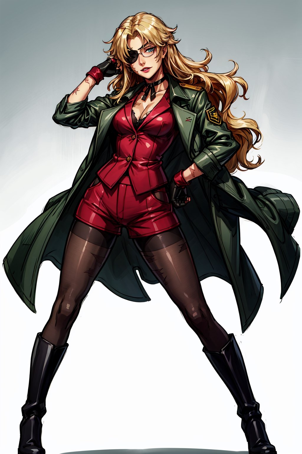 an accurate and detailed full-body shot of a female character named Nicia, 1 girl, Tall and slender, burn scars on the right side of her face and body., medium-length messy blonde hair, Piercing blue eyes, Eyepatch over her right eye, (wine-colored vest), black chino shorts, ((Black pantyhose)), boots, red ribbon choker, Rose-colored lipstick, green military coat draped over shoulders, masterpiece, high quality, 4K, balalaika, blonde hair, eyepatch, glasses, red vest, ribbon choker, burn scars, black pants, brown high boots, fingerless gloves,