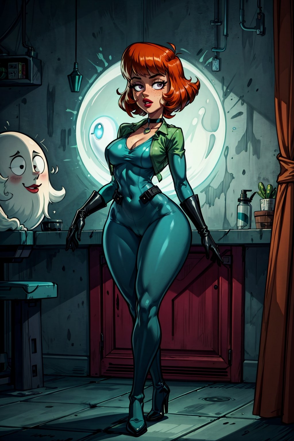 an accurate and detailed full-body shot of Sadie, tall, curvy, wide hips, huge butt, athletic, rich auburn hair in a 1950s coiffed bob hairstyle with bangs, Freckles on cheeks, dark Violet eyes with green flecks, rosy cheeks, luscious lips, (vibrant teal skintight ghost-hunting bodysuit with longsleeves), (pale-green open vest), (black utility belt with technological gadgets), (green gloves), (Green heeled boots), Teal choker necklace, Quirky and sweet, retro and sci-fi, masterpiece, best quality, 4K, Madeline Fenton (Danny Phantom), dextersmom, gloves, jewelry,