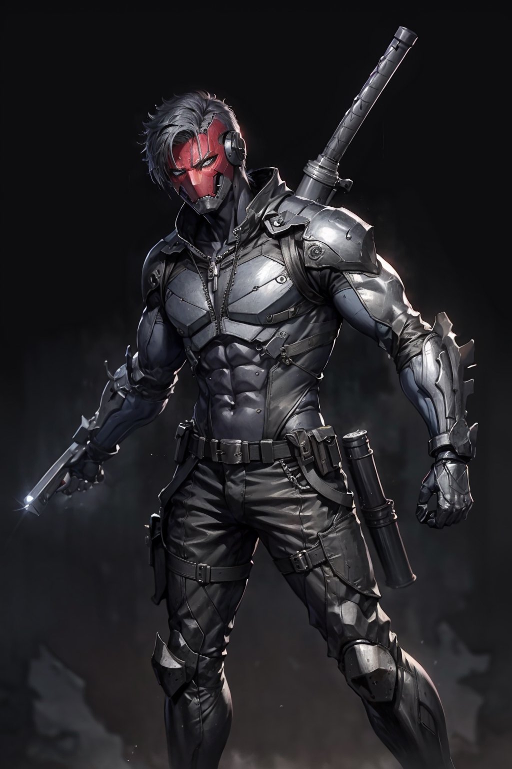 
an accurate and detailed full-body shot of a male superhero character named Wraith, tall and lean bulid, (Crimson half-mask:1.3), exposed cybernetic red eye, grafted cybernetic jawline, (Spiky white fringe hair:1.2), (choppy black undercut hairstyle:1.2), Skintight black ninja-tech suit with crimson energized circuitry, (electric blue biker jacket), asymmetric collar, rolled sleeves, Gunmetal armor plates on shoulders, chest emblem, (Fitted burgundy leather moto-pants), (blue-gray armorized cargo panels), Knee guards, armored greaves, black combat boots, cyberized gunmetal strike gauntlet, Holsters, sheaths, tech-utility pouches, holding an obsidian high-frequency katana, masterpiece, high quality, 4K, raidenmgr, nero, rhdc, a man, red helment, brown leather jacket, gray skintight suit, gloves, belt, boots