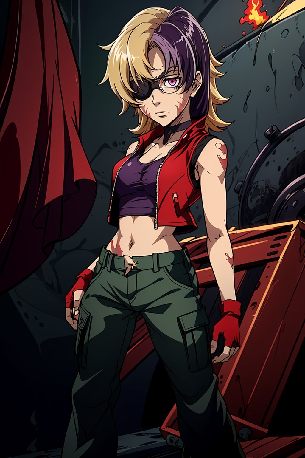 an accurate and detailed full-body shot of a female character named Macey, (1 girl:2), athletic and fit, (Medium-length hair), (blonde hair with purple streaks:1.3), (wavey with swept bangs hairstyle), eyepatch over left eye, purple eye color, (burn Scars on right side of face and arms), black choker with spikes, (red tank top:1.7) with an (open green vest jacket:1.4), (black military cargo pants:1.5), Black belt with explosives, black Fingerless biker gloves, stylish combat boots, masterpiece, high quality, 4K, blonde hair, eyepatch, glasses, red vest, ribbon choker, burn scars, brown high boots, fingerless gloves, minene uryuu, (eyepatch), bare arms,