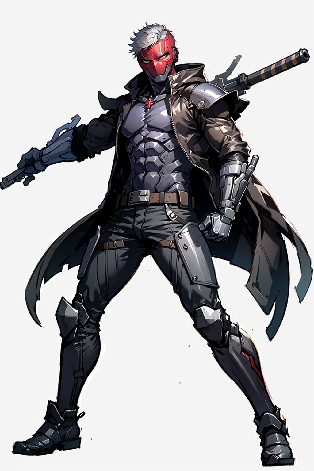 
an accurate and detailed full-body shot of a male superhero character named Wraith, tall and lean bulid, (Crimson half-mask:1.3), exposed cybernetic red eye, grafted cybernetic jawline, (Spiky white fringe hair:1.2), (choppy black undercut hairstyle:1.2), Skintight black ninja-tech suit with crimson energized circuitry, (electric blue biker jacket), asymmetric collar, rolled sleeves, Gunmetal armor plates on shoulders, chest emblem, (Fitted burgundy leather moto-pants), (blue-gray armorized cargo panels), Knee guards, armored greaves, black combat boots, cyberized gunmetal strike gauntlet, Holsters, sheaths, tech-utility pouches, holding an obsidian high-frequency katana, masterpiece, high quality, 4K, raidenmgr, nero, rhdc, a man, red helment, brown leather jacket, gray skintight suit, gloves, belt, boots