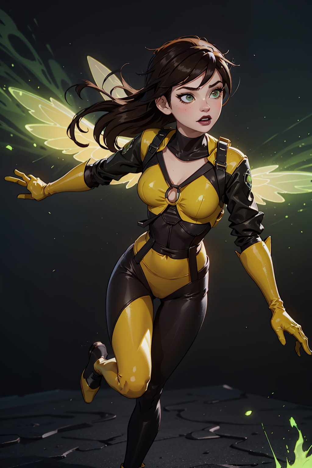 a realistic and detailed full-body shot of a female character named Sheva, Petite, athletic, curvaceous, Pale and pearlescent skin, expressive lips with black lipstick, (Medium length Dark brown hair), asymmetrical and spiky bangs hairstyle, her eyes are Sharp and confident with dark green iris and gold highlights, Green and Yellow Flightsuit with orange trim, black corset, (black and orange leggings), the word 'PULSE' printed on the leggings, (Yellow and black athletic combat boots with white trim), White chronal accelerator harness attached to the chest, (Two orange-green insect-wings), (White gauntlet gloves), prominent circular belt buckle, Green goggles on her head, 4K, masterpiece, high quality, tracer_overwatch, goggles, chest harness, bomber jacket, bodysuit, sh1, green eyes, gloves, multicolored bodysuit, makeup, wasp