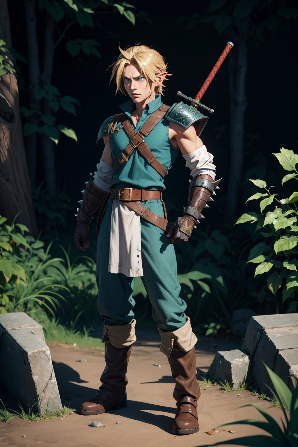 wide full-length shot, action pose, Cole has dirty blonde hair styled with some spikes neat but defiant, His eyes glow blue-green, one eye brighter than the other to show some ancient magic within, He wears a dark green tunic lined with silver plates like an armored SOLDIER uniform, The tunic extends to his knees for ease of movement, Underneath is a black undershirt with one sleeve missing to allow greater shoulder movement, He wears a pauldron on his other shoulder, He wears tough leather gauntlets on both hands and arms, Cole wields a single-edged broadsword reminiscent of the Buster Sword but lighter and engraved with Hylian runes along its fuller, At his waist hangs gadgets like bombs, and a hookshot, His boots appear made for both forest treks and urban missions, Cole's personality echoes his heroic determinations tempered by dark burdens, masterpiece, high quality, 4K, Cloud, ootLink, holding_swor