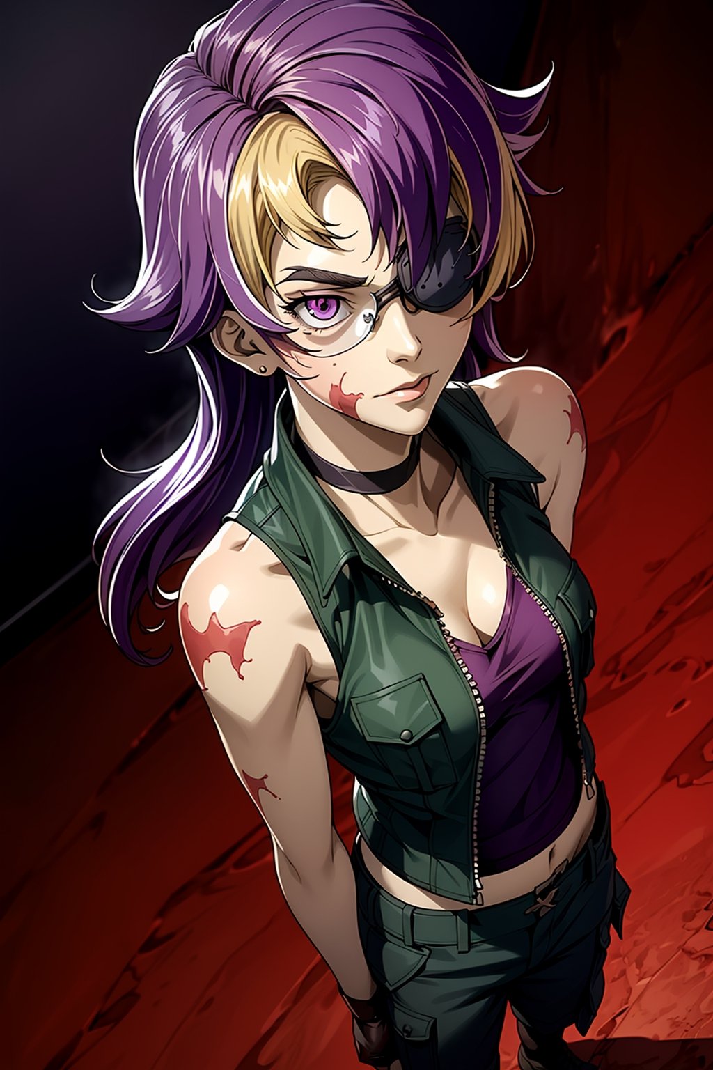 an accurate and detailed full-body shot of a female character named Macey, (1 girl:2), athletic and fit, (Medium-length hair), (blonde hair with purple streaks:1.4), (wavey with swept bangs hairstyle), eyepatch over left eye, purple eye color, (burn Scars on right side of face and arms), black choker with spikes, a (red tank top:1.6) with an (open green vest jacket:1.4), (black military cargo pants:1.5), Black belt with explosives, black Fingerless biker gloves, stylish combat boots, masterpiece, high quality, 4K, blonde hair, eyepatch, glasses, red vest, ribbon choker, burn scars, brown high boots, fingerless gloves, minene uryuu, (eyepatch), bare arms