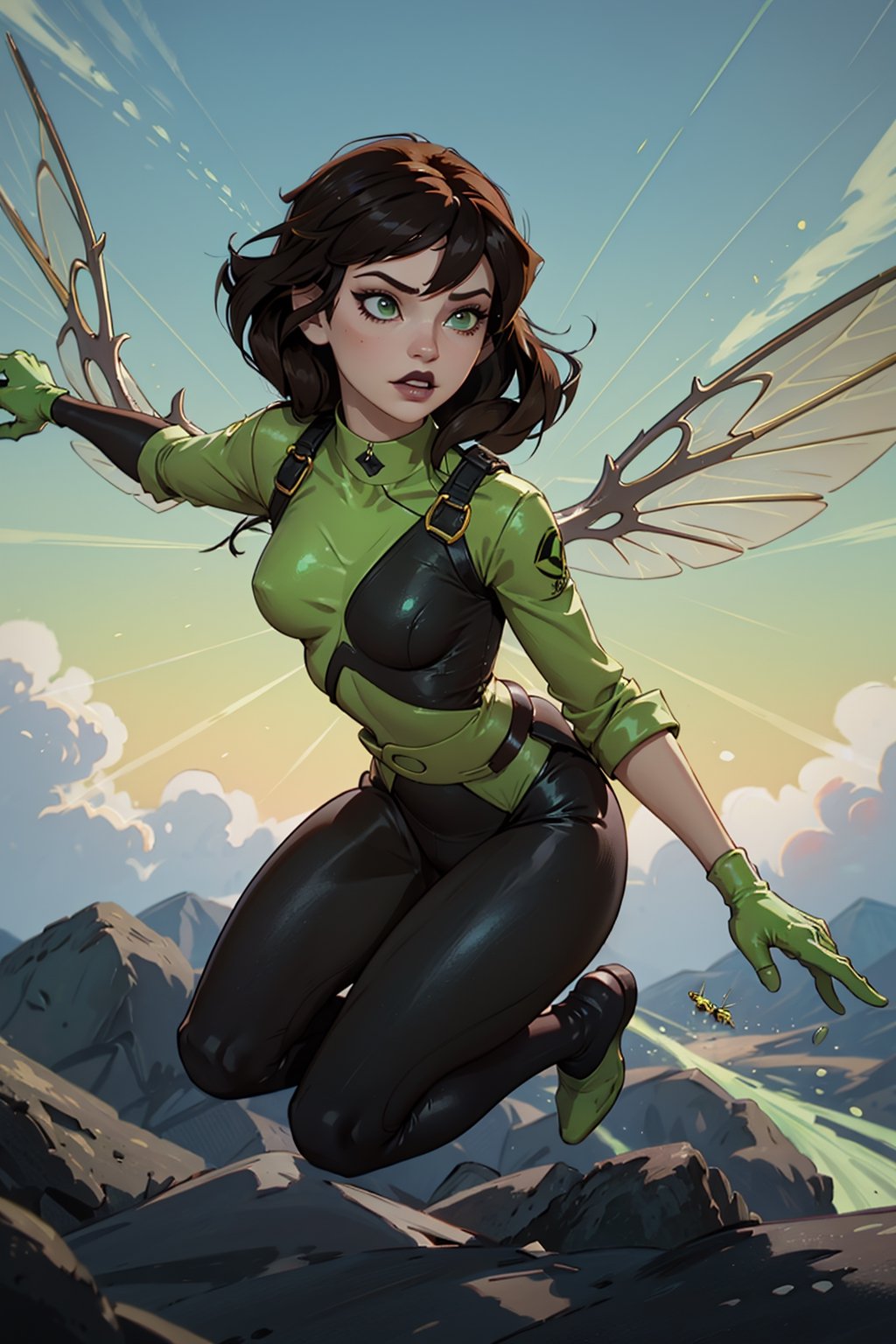 a realistic and detailed full-body shot of a female character named Sheva, Petite, athletic, curvaceous, Pale and pearlescent skin, expressive lips with black lipstick, Medium length Dark brown hair, asymmetrical and spiky bangs hairstyle, her eyes are Sharp and confident with dark green iris and gold highlights, Green and Yellow Flightsuit with orange trim, black corset, black leggings with orange trim, the word 'PULSE' printed on the leggings, Yellow and black athletic combat boots with white trim, White chronal accelerator harness attached to the chest, orange and green insect-wings, White gauntlet Wrist stingers, prominent circular belt buckle, Green goggles on her head, 4K, 4K, masterpiece, high quality, 4K, ,tracer_overwatch, goggles, chest harness, bomber jacket, bodysuit, sh1, green eyes, gloves, multicolored bodysuit, makeup, wasp,sh1,multicolored bodysuit