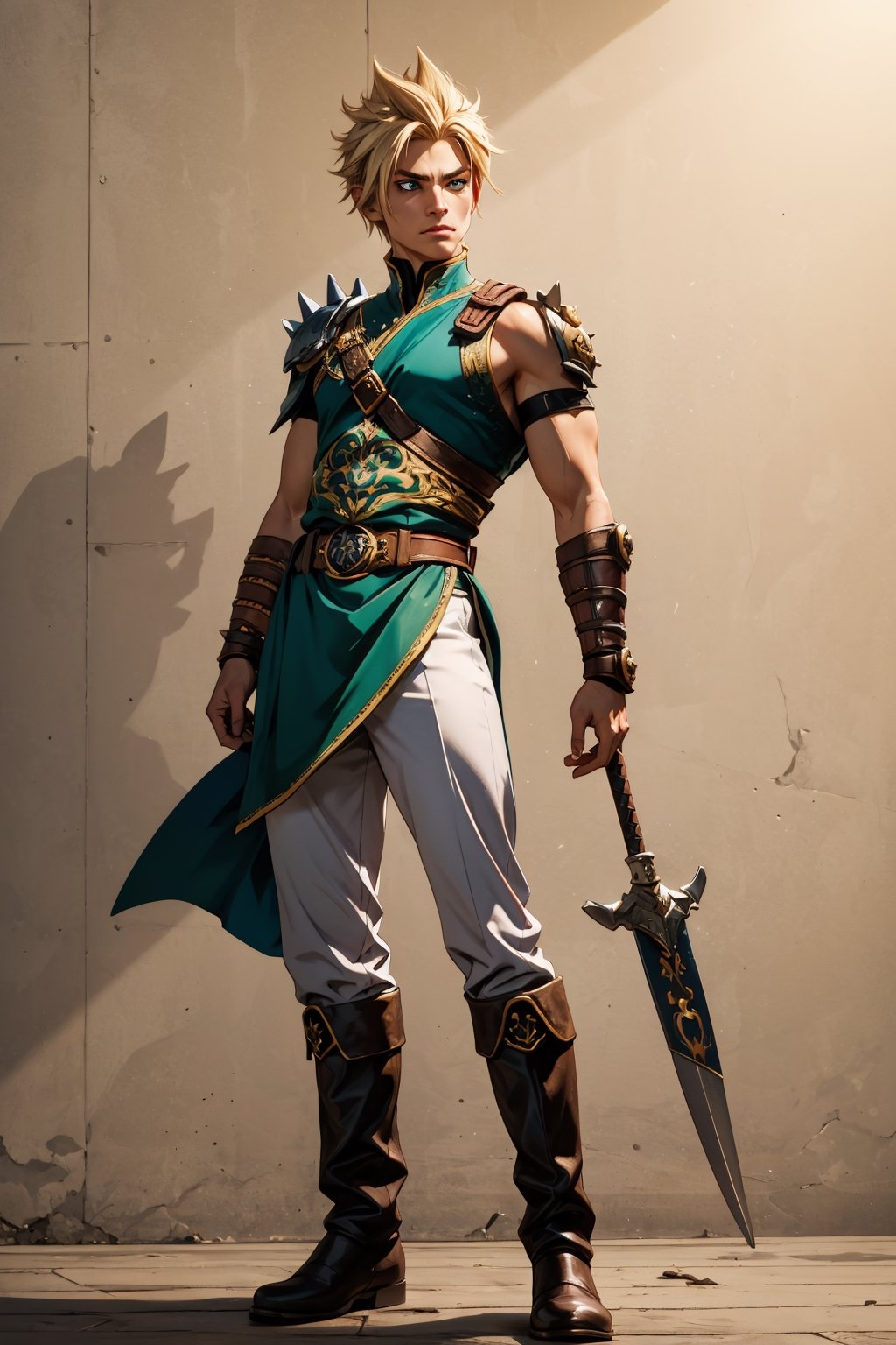 A wide angle full-length shot of Zepheus, Zepheus has a lean yet muscular warrior’s build, dirty blonde hair styled in a swept-back manner partially covering one piercing blue-green eye, His fair olive skin tone contrasts with his hair, Defined facial features like jawline and cheekbones, His outfit features a combat dark blue-green tunic with gold embellishments and intricate patterns, Greek-style leather greaves and vambraces have steampunk-esque accents, Earth-toned fantasy boots are accented in bronze and copper, a metal wolf skull pauldron over one shoulder adds a touch of fantasy, Red colored trim details throughout the ensemble tie the look together and symbolize Zepheus’ connection to underworld deities and realms, his design reflects his unique heritage and conflicting loyalties, 4K, masterpiece, high details, 4K, zagreus, Laurel crown, Single bare shoulders, Spiked hair, Greek clothes, ootLink, Cloud,Cloud,CDGear