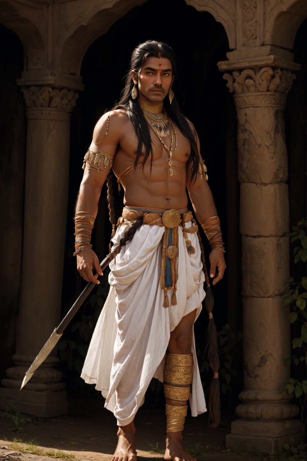 Merit,  middle-aged ancient Indian warrior king full body  with face emotions  , dark_skin, graying hair, fantasy, shirtless
