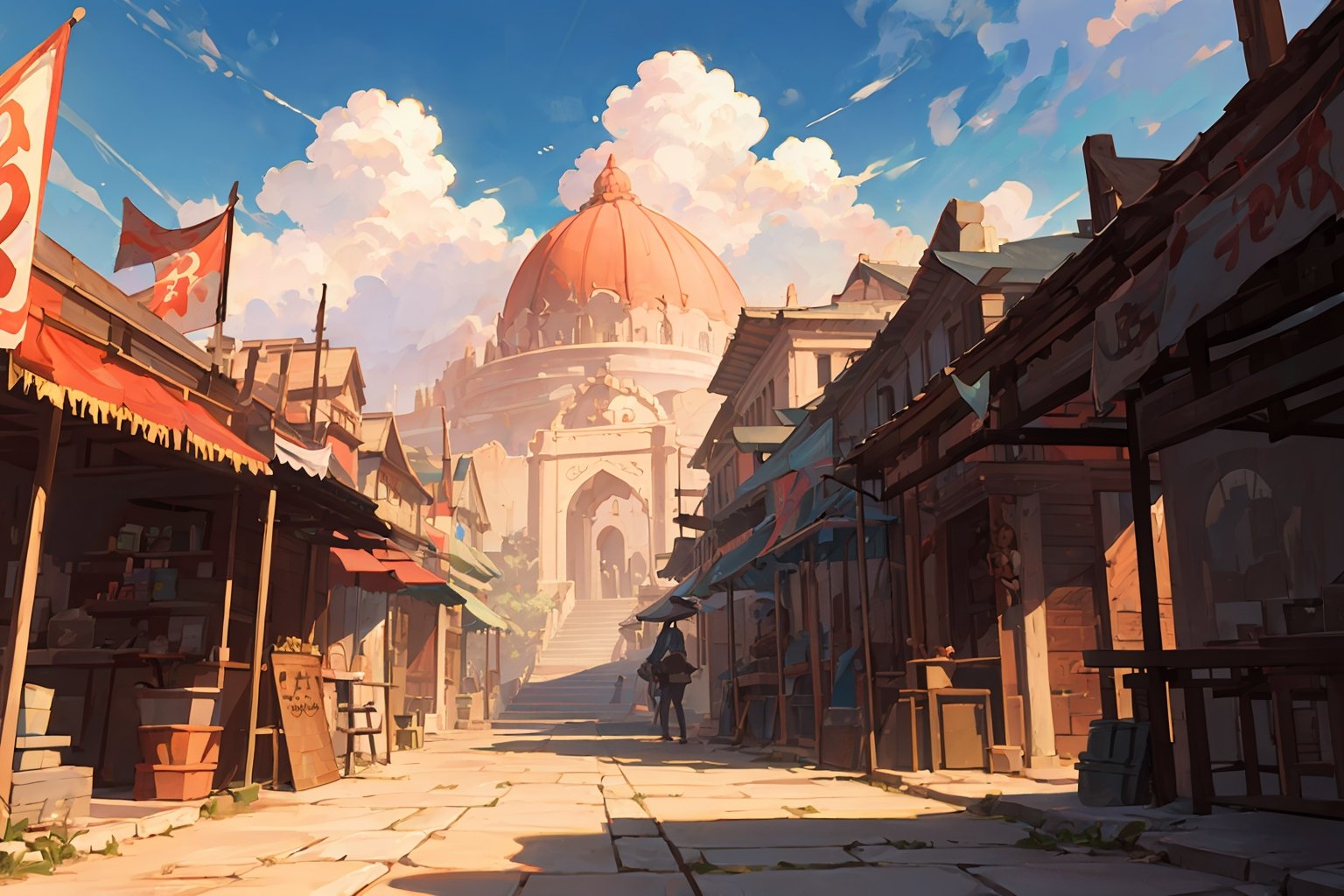 beautiful ancient indian temple city with a bustling marketplace, fantasy, sun high in sky, poster, digital_painting,EpicSky,6000,cloud,greg rutkowski,isometric style,FFIXBG