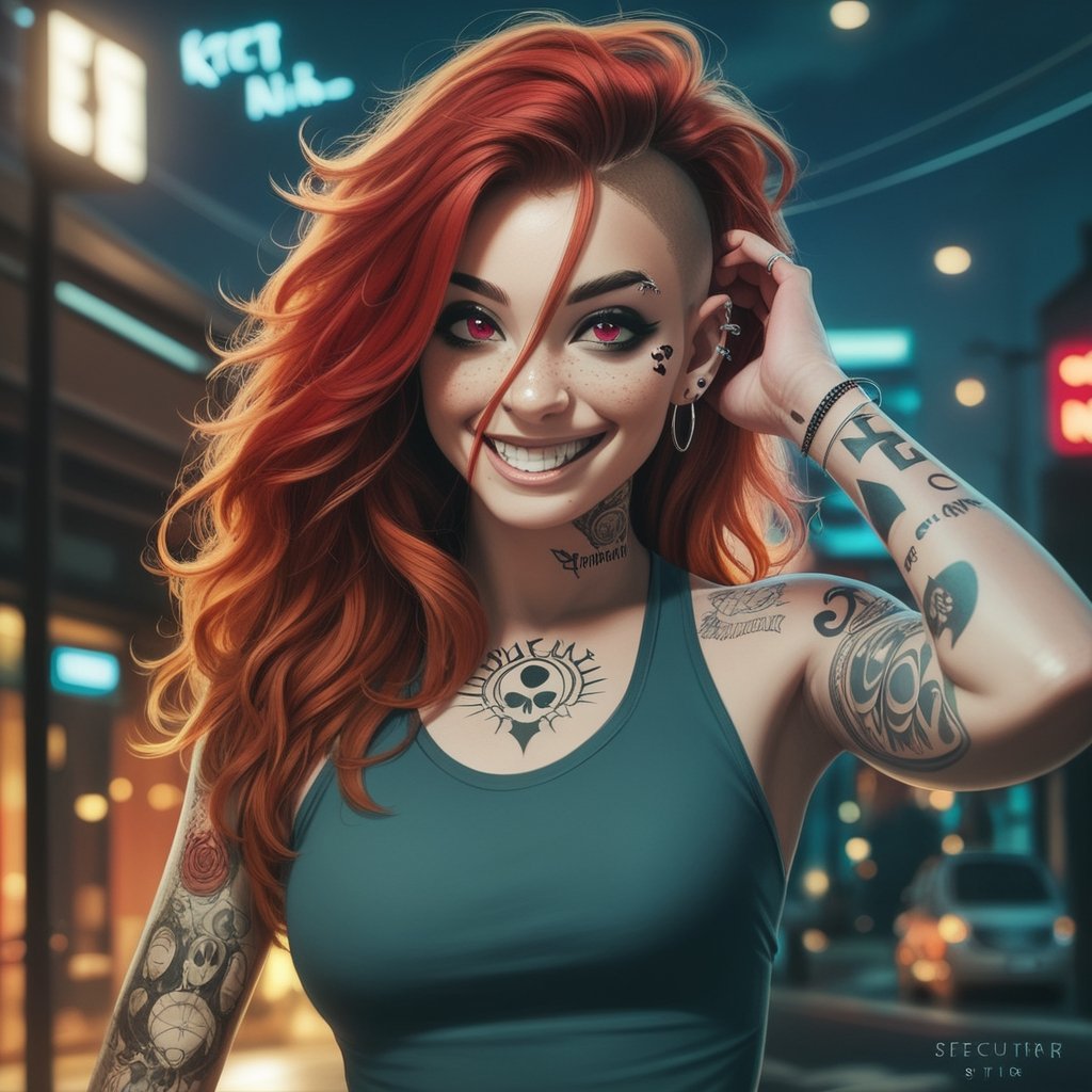 score_9,score_8_up, score_7_up, score_6_up, score_5_up, score_4_up,hyper realism, photo realistic, 8k, digital slr, 1girl, pink-emo, (((piercings, septum_ring, tattoos, face tattoos))), ginger, freckles , (bright red hair, blonde tips, flowing, long, wavy), black tank top, shorts, seductive smile, urban nightime setting, bokeh