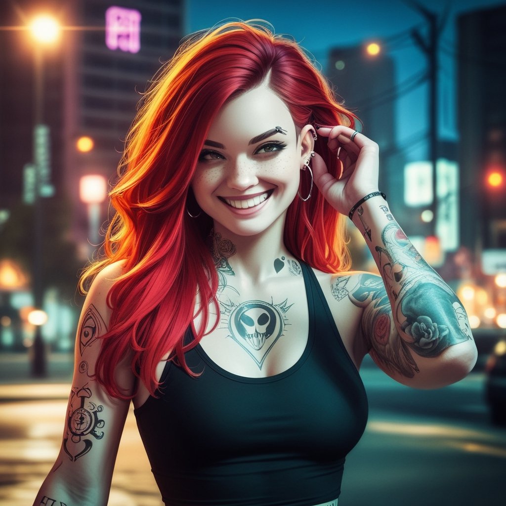 score_9,score_8_up, score_7_up, score_6_up, score_5_up, score_4_up,hyper realism, photo realistic, 8k, digital slr, 1girl, pink-emo,slim toned physique,(((piercings, septum_ring, tattoos, face tattoos))), ginger, freckles , (bright red hair, blonde tips, flowing, long, wavy), black tank top, shorts, smile, urban nightime setting, bokeh