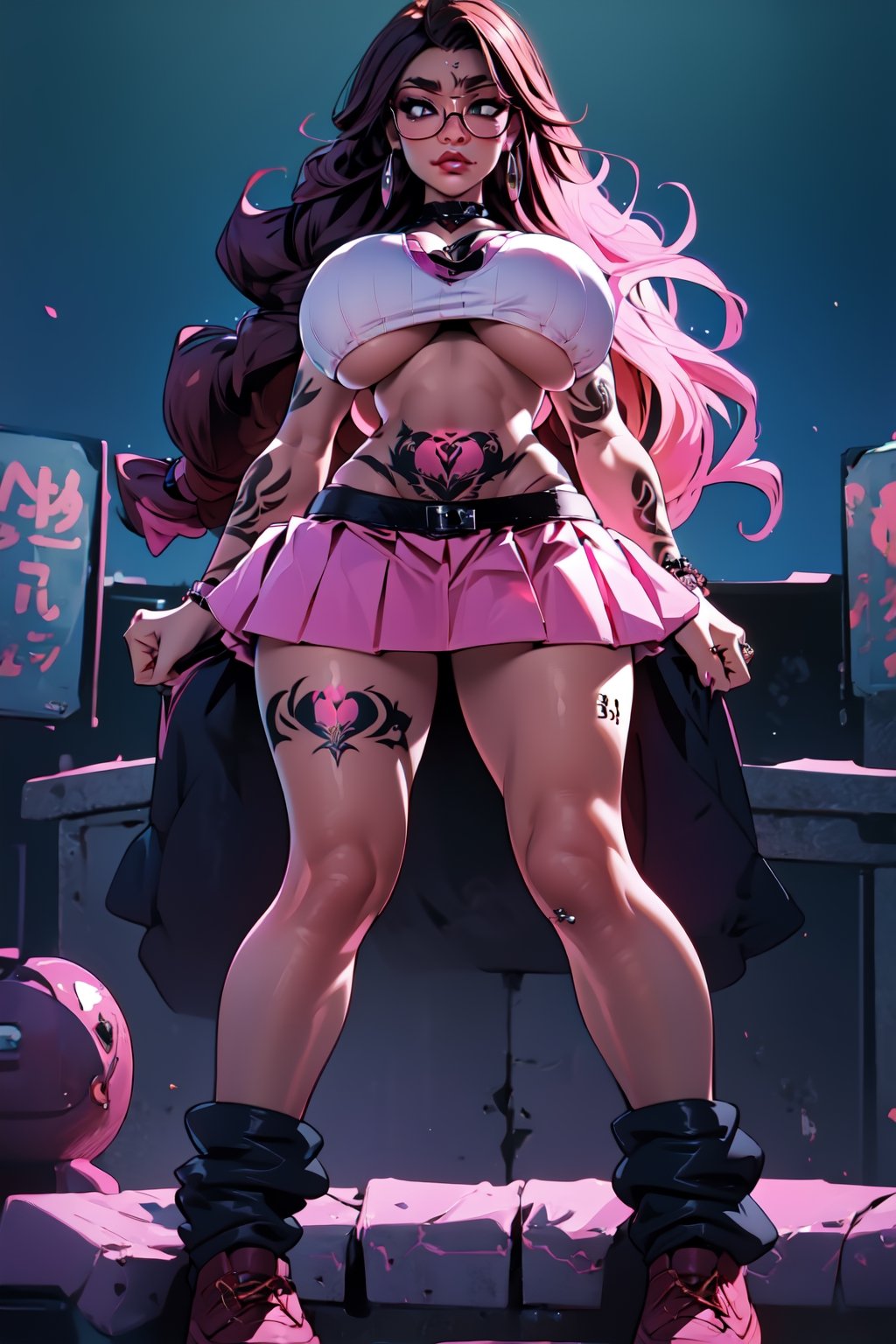 trans-female, emo, goth, long dark hair, (septum piercing:1.3), (lip piercings:1.3), (tattoos:1.5), huge boobs, glasses,  ahegau, playful lewd pose, full length body shot, (extremely short ((pink)) skirt revealing huge penis from underneath 