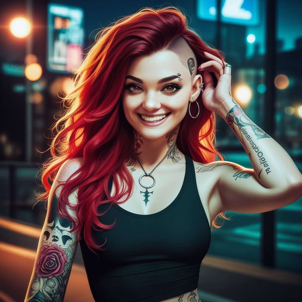 score_9,score_8_up, score_7_up, score_6_up, score_5_up, score_4_up,hyper realism, photo realistic, 8k, digital slr, 1girl, pink-emo,slim toned physique,(((piercings, septum_ring, tattoos, face tattoos))), ginger, freckles , (bright red hair, blonde tips, flowing, long, wavy), black tank top, shorts, smile, urban nightime setting, bokeh