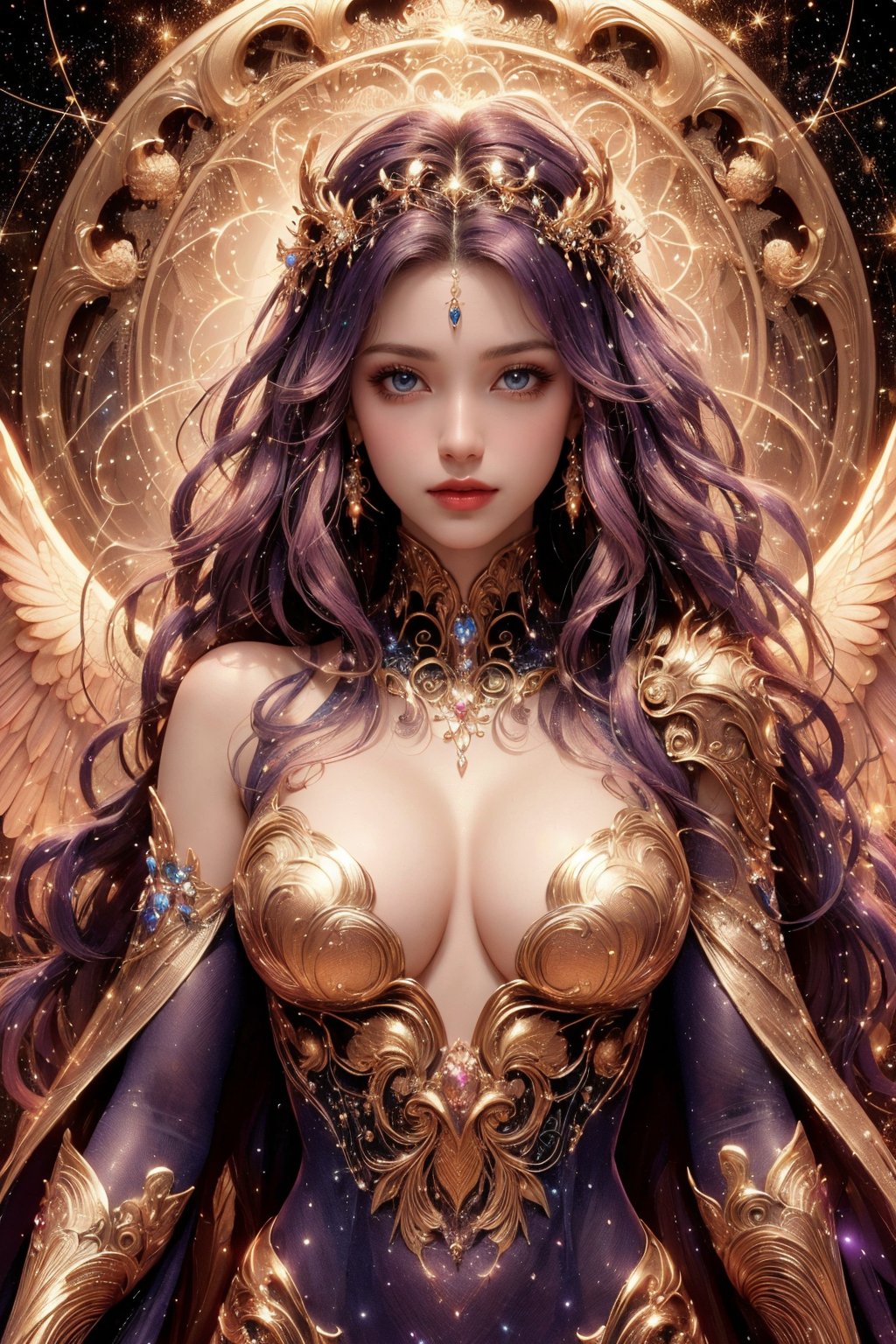 busty and sexy girl, 8k, masterpiece, ultra-realistic, best quality, high resolution, high definition,The image presents a stylized depiction of a female character with fantasy elements. The character has curly hair and is adorned with sparkling jewelry that resembles a constellation pattern, suggesting a celestial theme. The background is dark, speckled with stars, which enhances the cosmic feel of the image. The color palette is rich with purples, blues, and pinks, contributing to the otherworldly aesthetic. The character's attire includes intricate, wing-like structures that add to her ethereal appearance. The overall impression is one of a digital illustration that combines elements of fantasy and science fiction.