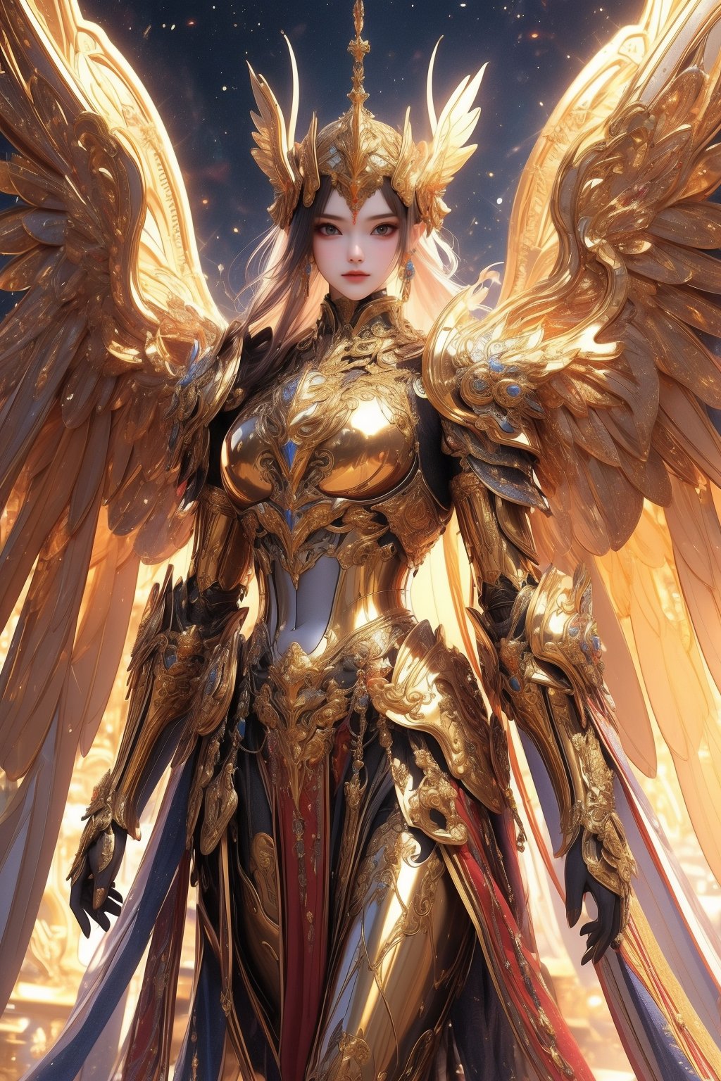 busty and sexy girl, 8k, masterpiece, ultra-realistic, best quality, high resolution, high definition,A celestial being with ornate golden armor and large, majestic wings that have a metallic sheen. The being should exude an aura of power and grace, standing in front of a backdrop that suggests an ethereal or heavenly realm.