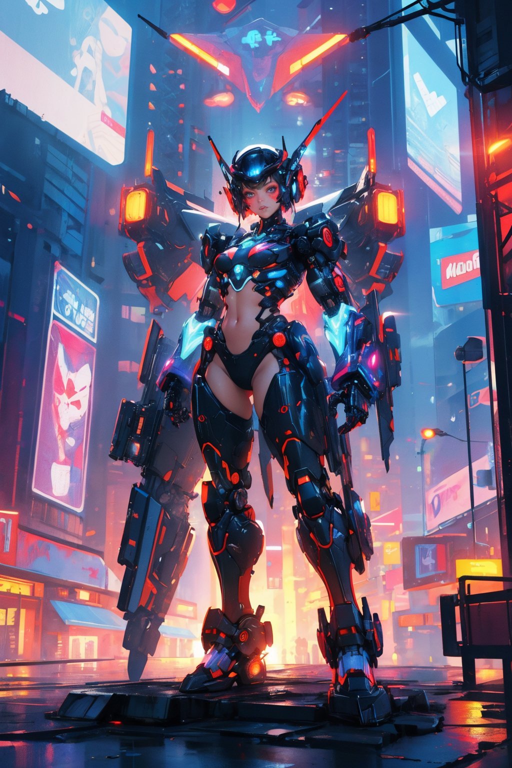 busty and sexy girl, 8k, masterpiece, ultra-realistic, best quality, high resolution, high definition, hologram, cyberpunk, MULTI-COLOER HAIR, science fiction, neon light, night city, GLOWING MECHA PARTS