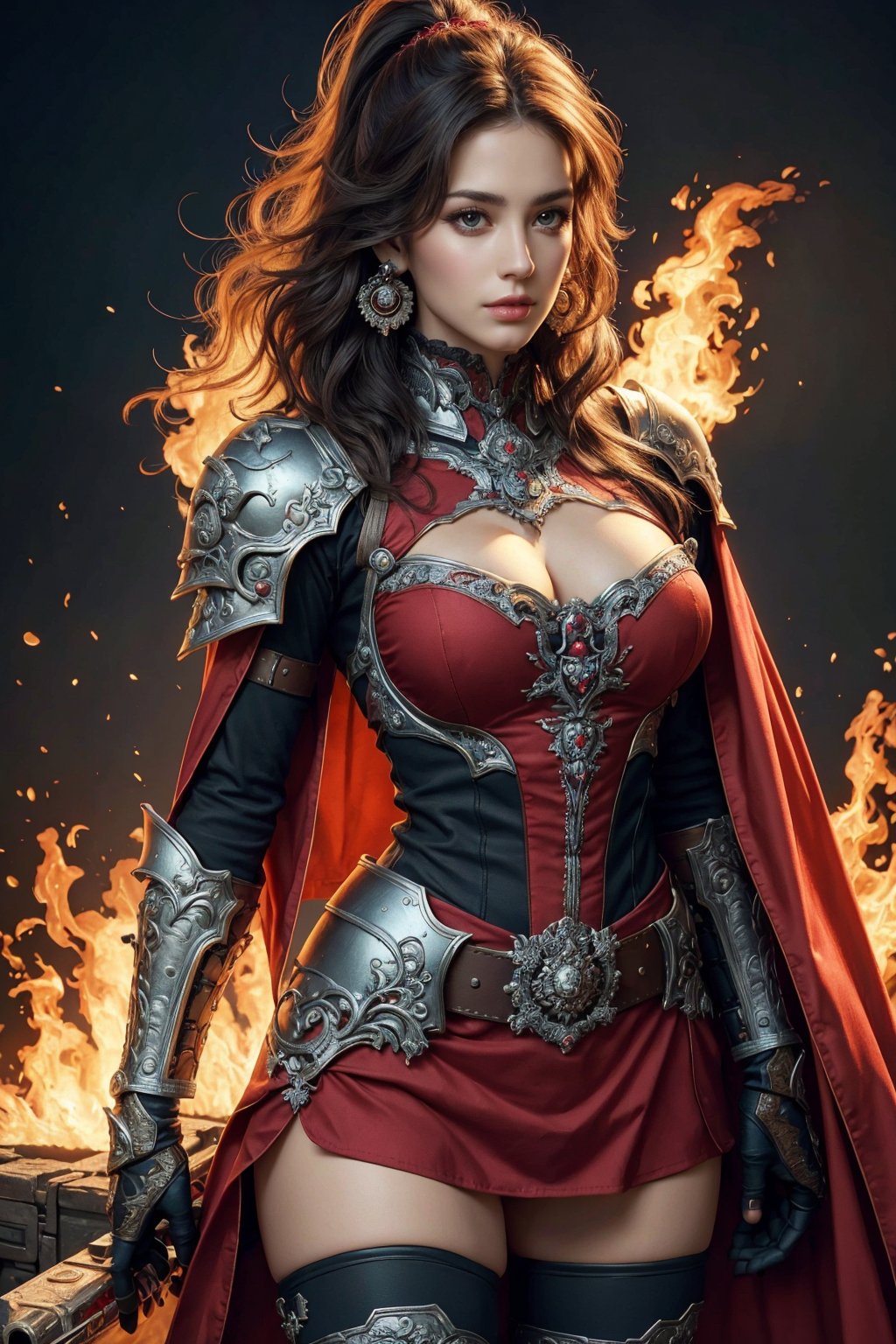 busty and sexy girl, 8k, masterpiece, ultra-realistic, best quality, high resolution, high definition, long hair, thighhighs, gloves,  jewelry, cowboy shot, earrings, belt, black skirt, armor, thigh boots, fire, shoulder armor, gauntlets, red gloves, pauldrons, red cape